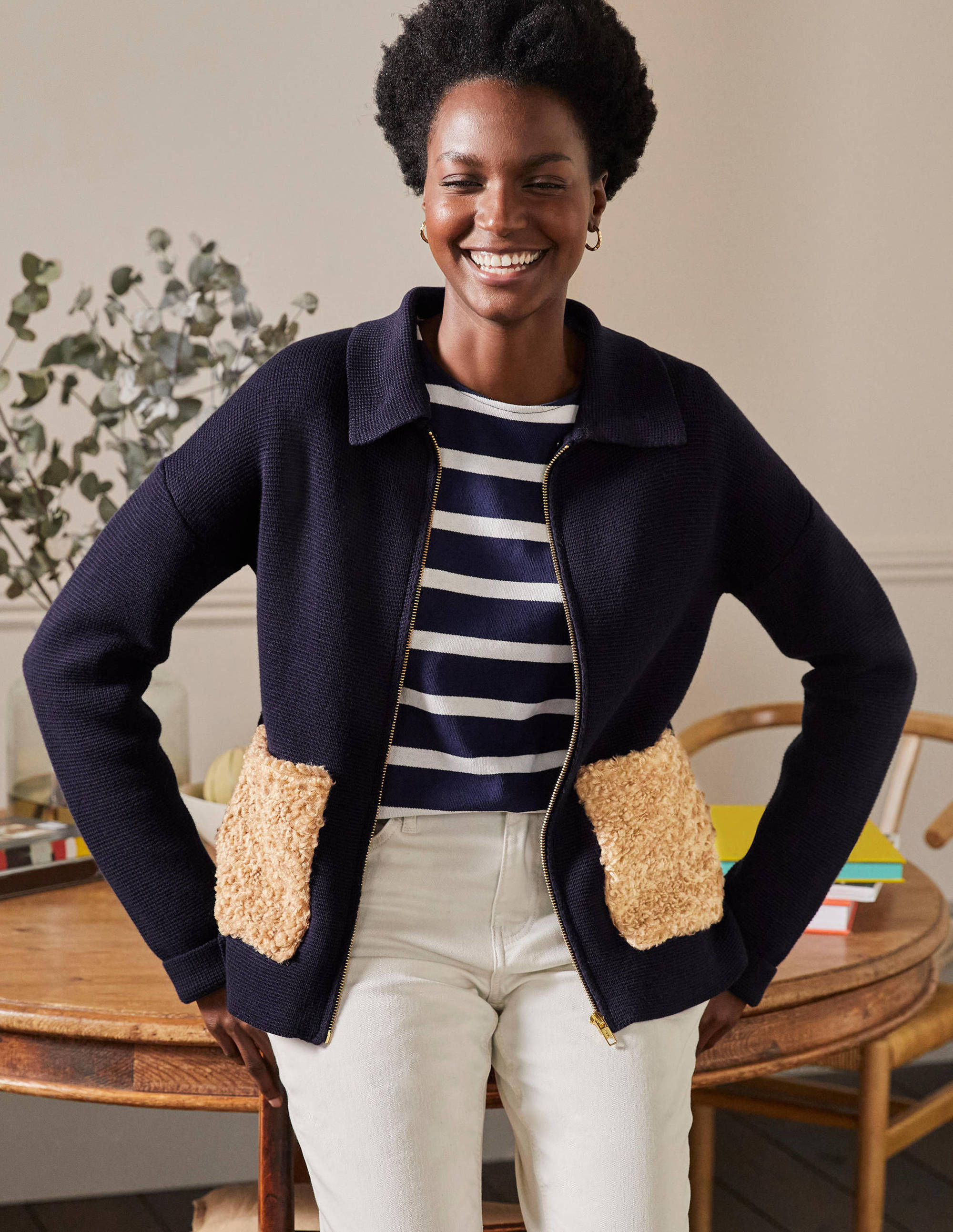 Manteau court façon cardigan en borg-Bleu marine - Image 4