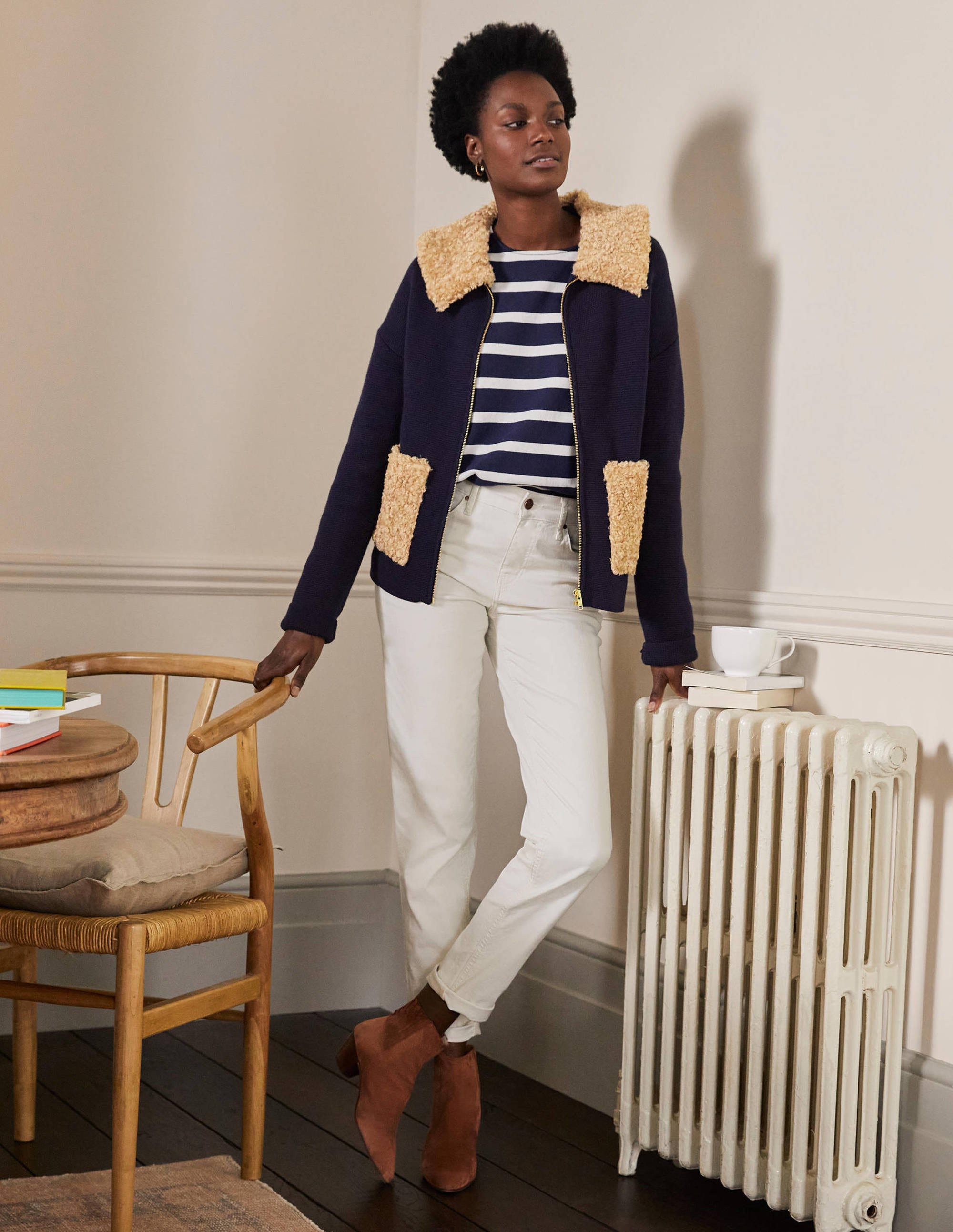 Manteau court façon cardigan en borg-Bleu marine - Image 5