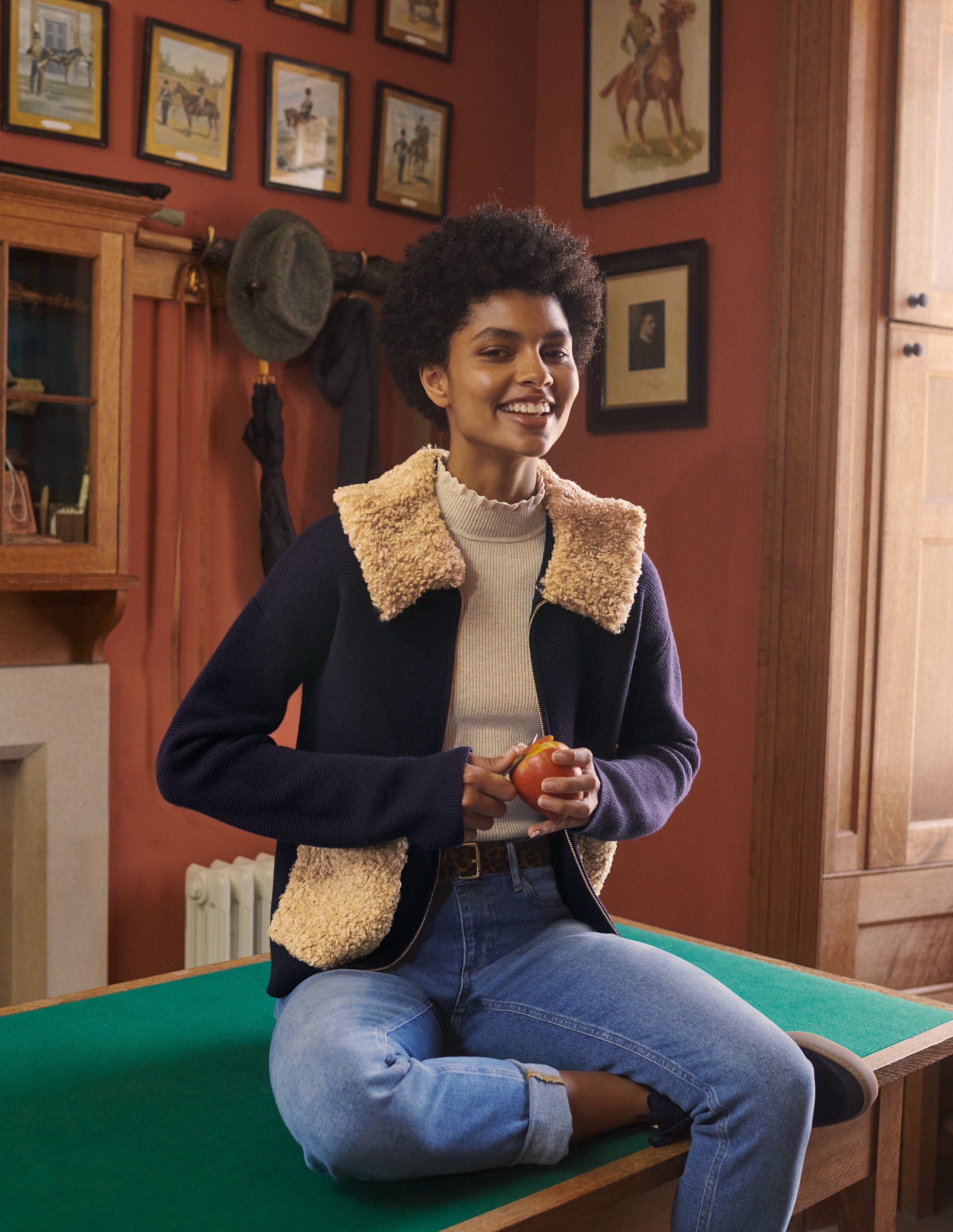 Manteau court façon cardigan en borg-Bleu marine - Image 6