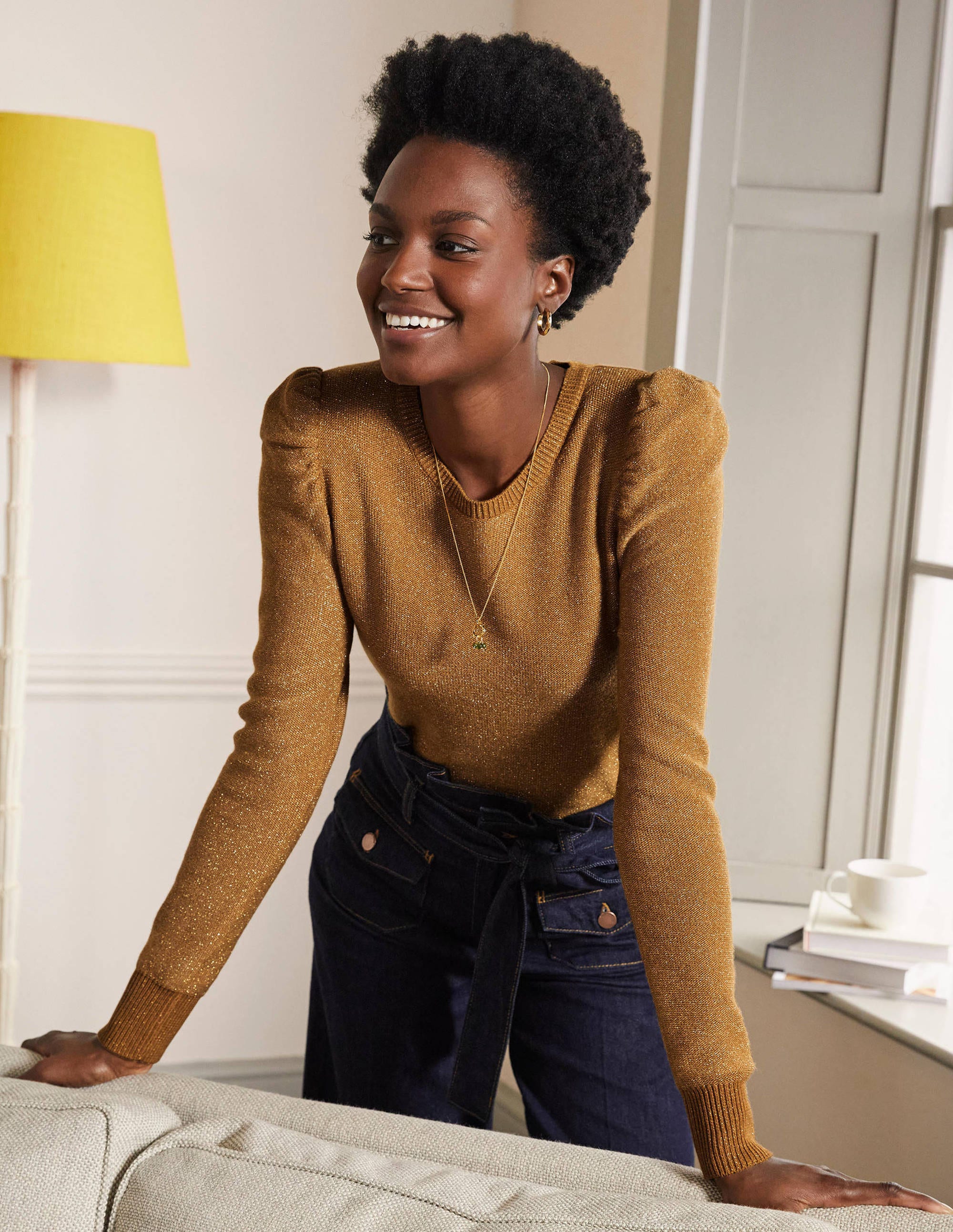 Glitzerpullover mit Puffärmeln-Gold, Glitzer - Image 1