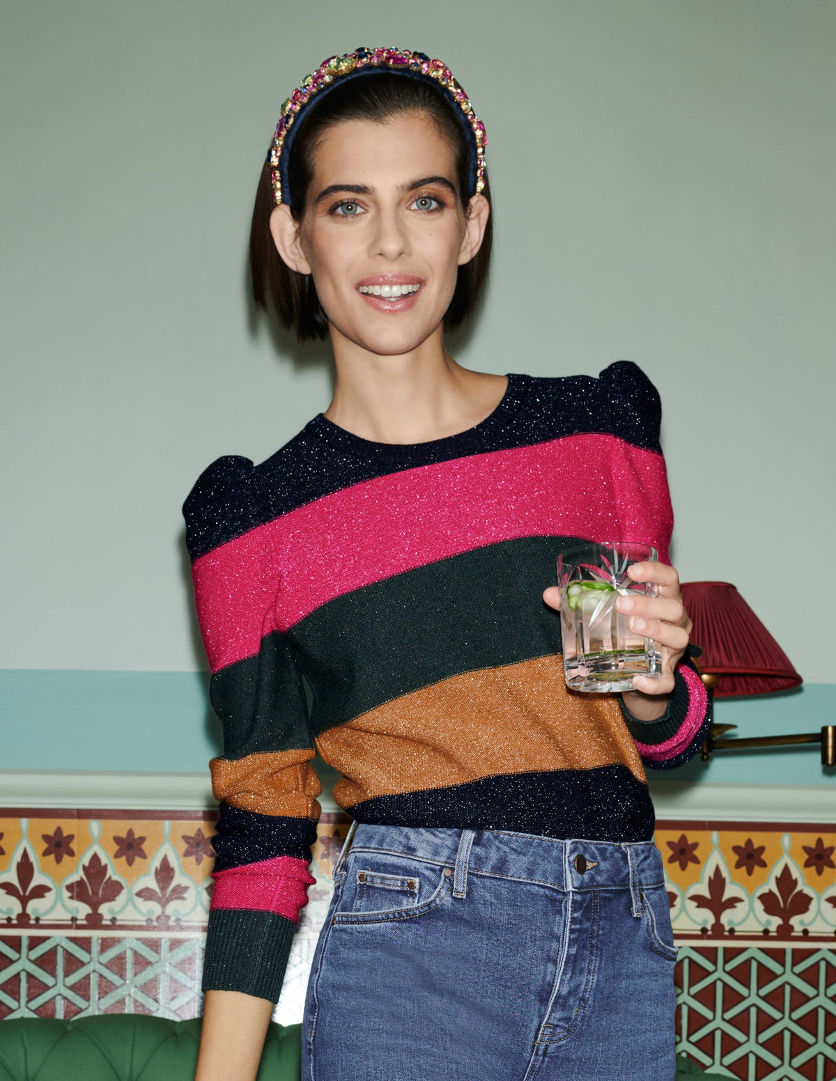 Glitzerpullover mit Puffärmeln-Rosa/Schwarz/Bunt, Lurexstreifen - Image 7
