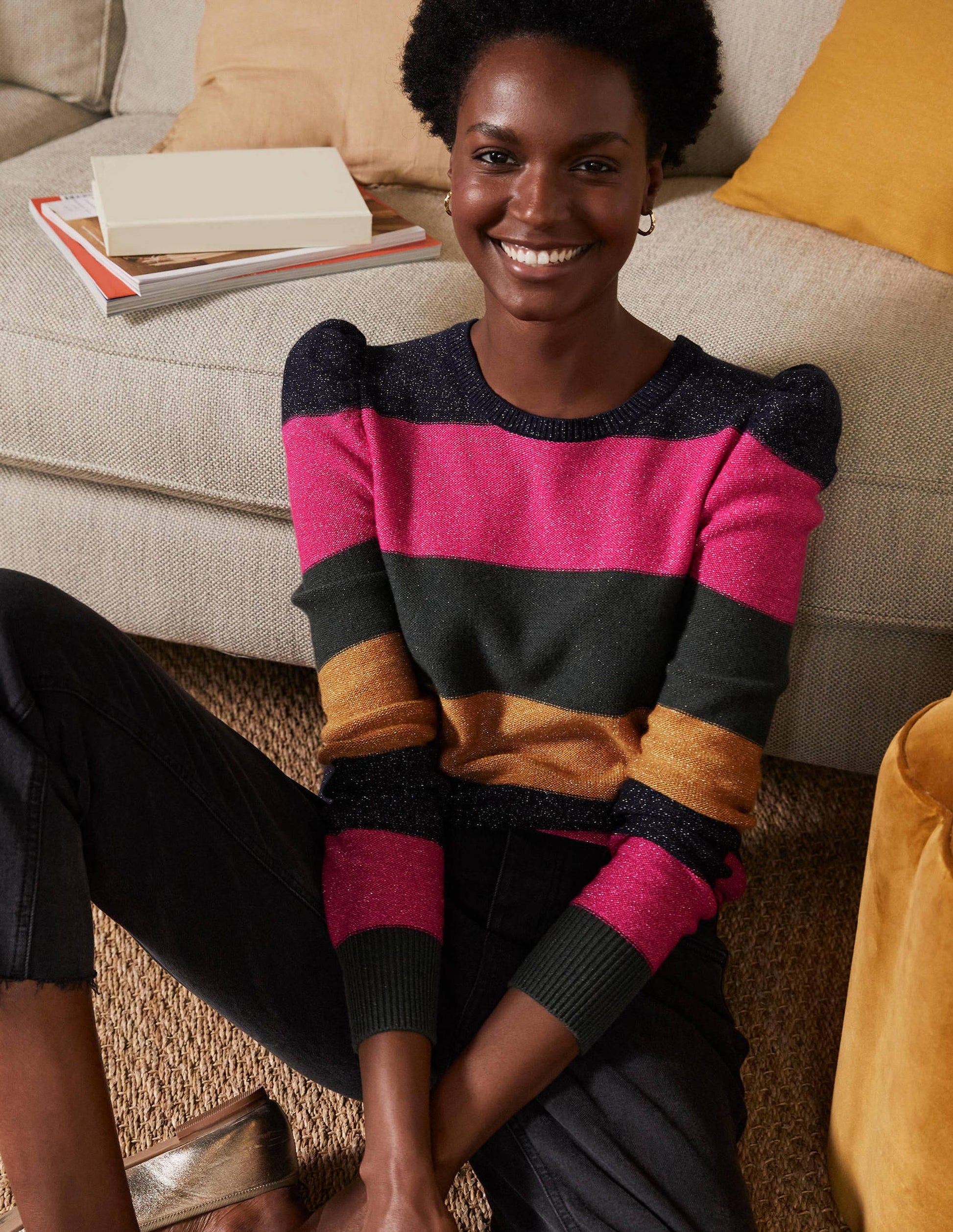 Glitzerpullover mit Puffärmeln-Rosa/Schwarz/Bunt, Lurexstreifen-1