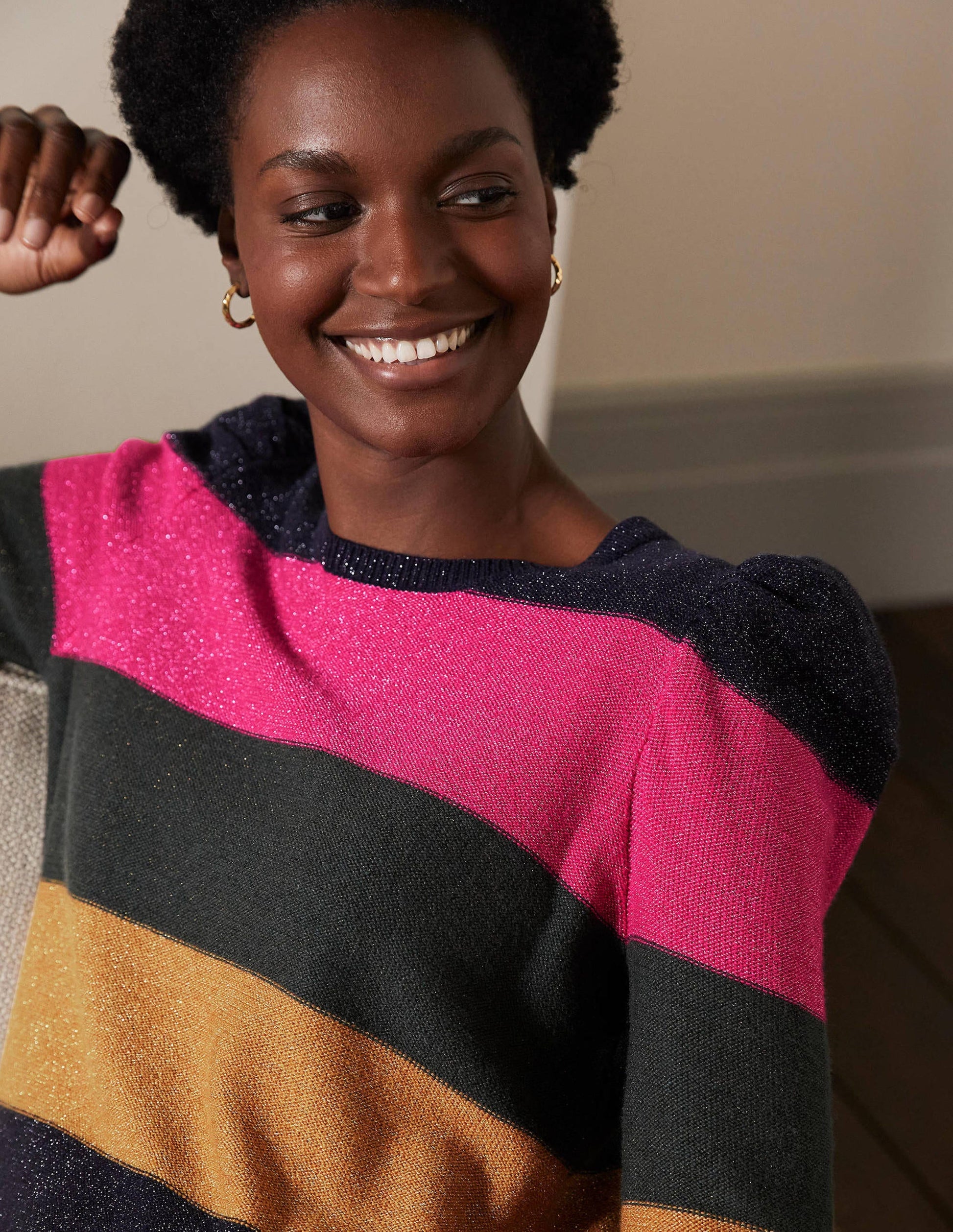 Glitzerpullover mit Puffärmeln-Rosa/Schwarz/Bunt, Lurexstreifen-2