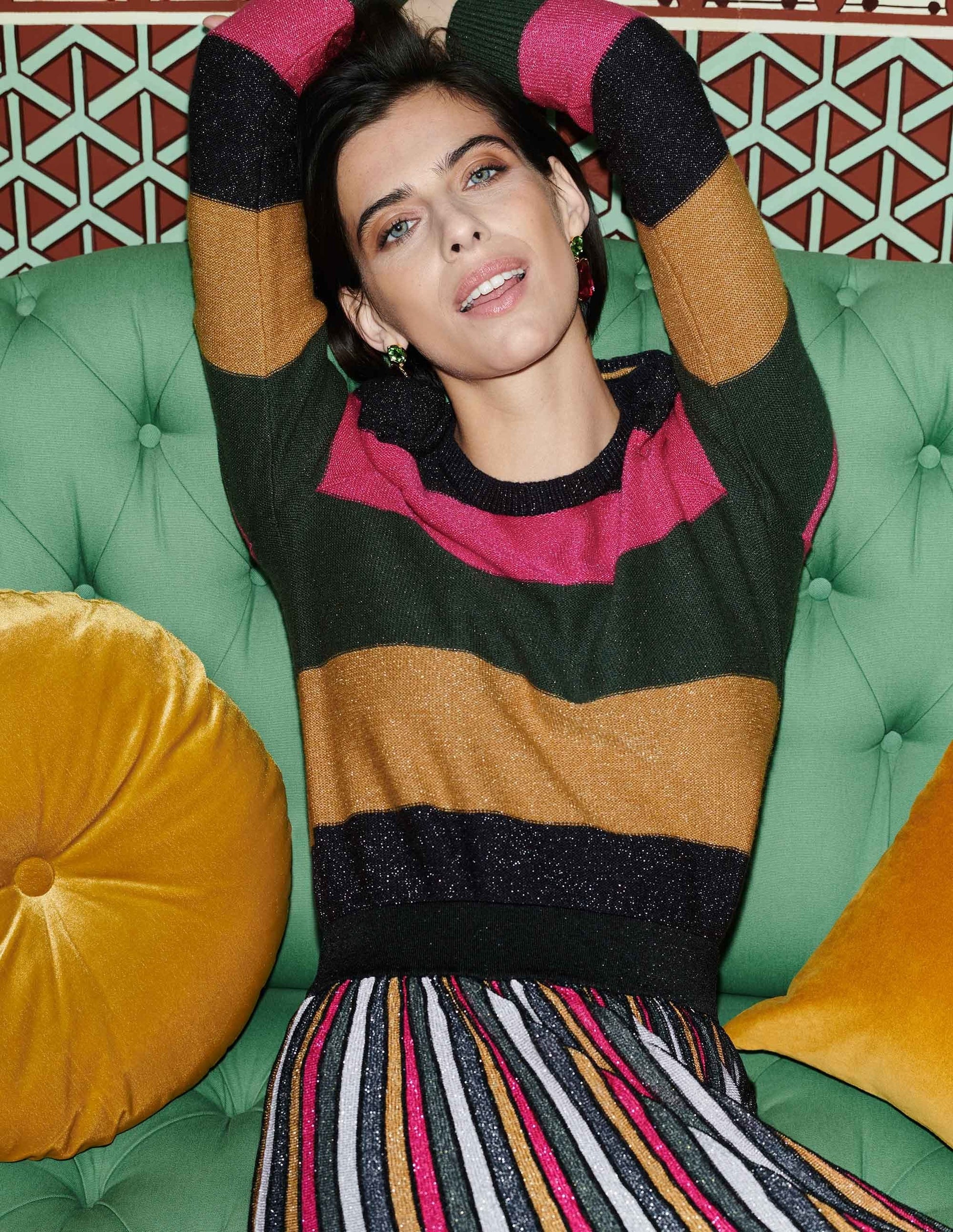 Glitzerpullover mit Puffärmeln-Rosa/Schwarz/Bunt, Lurexstreifen-4