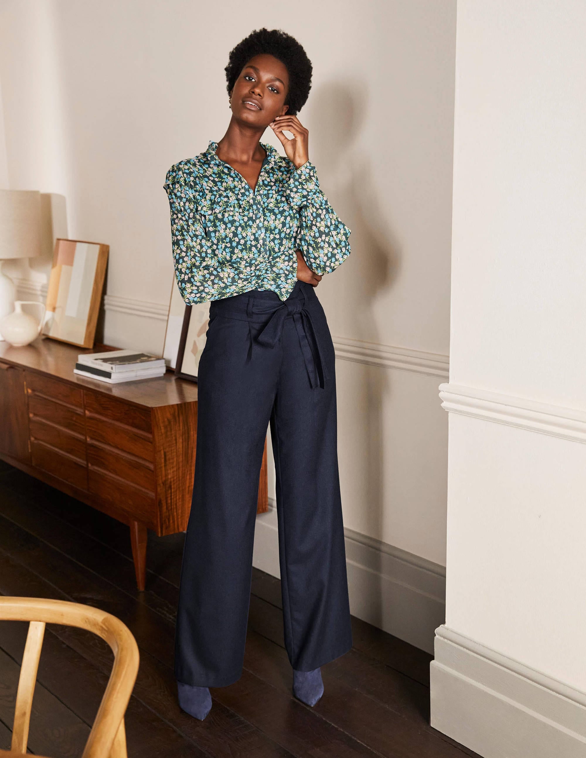 Pantalon large noué à la taille-Bleu marine - Image 4