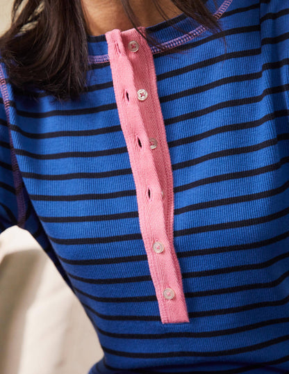 Ribbed Henley Pyjama Top-Porcelain Blue and Navy Stripe