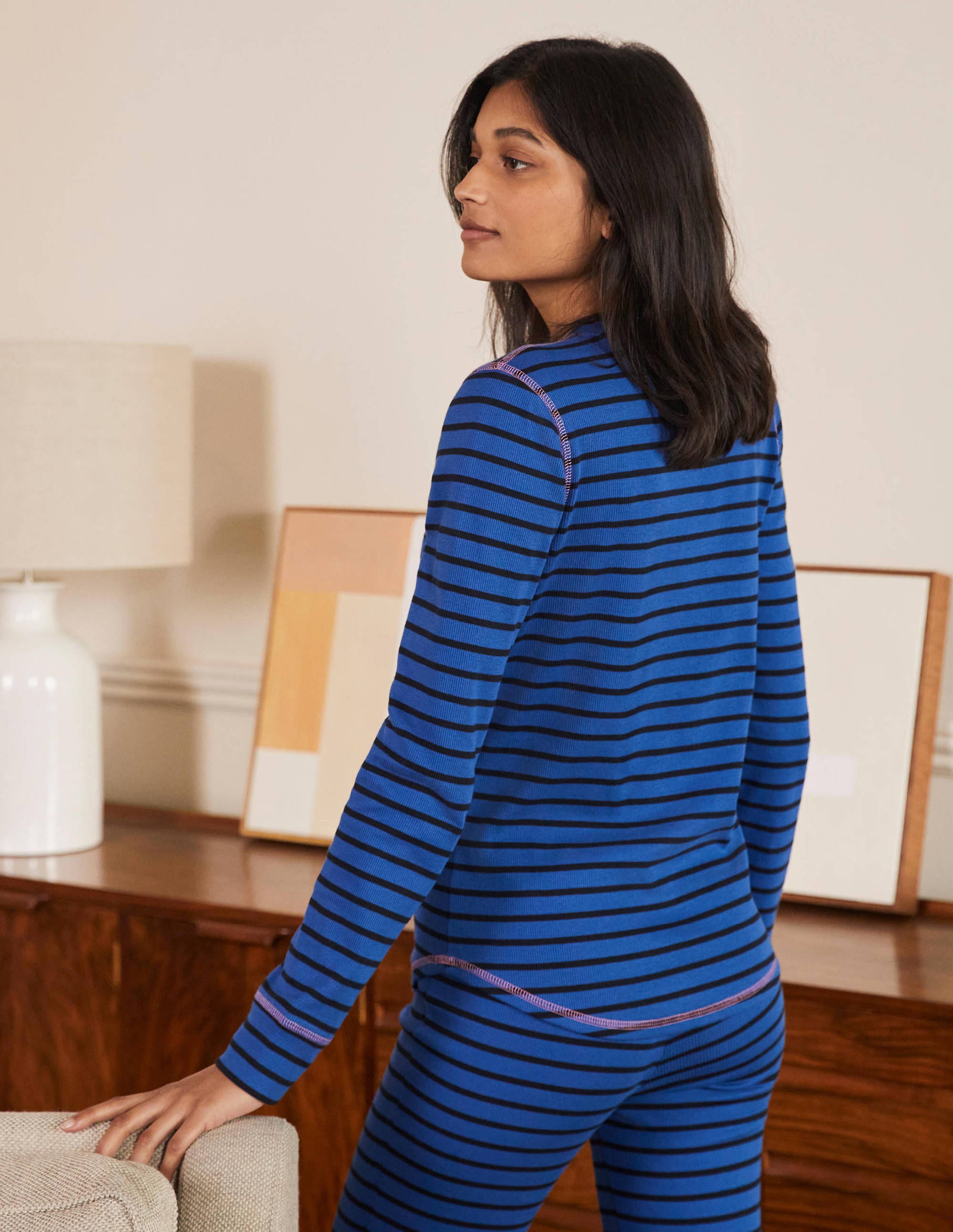 Henley-Schlafanzugoberteil mit Rippstrick-Porzellanblau/Navy, Gestreift - Image 2