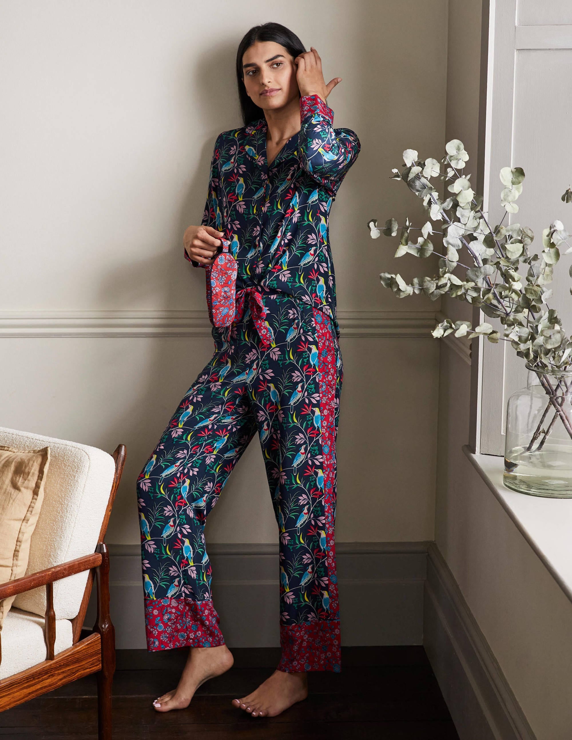 Pyjama en soie-Bleu marine, oiseau baie - Image 4