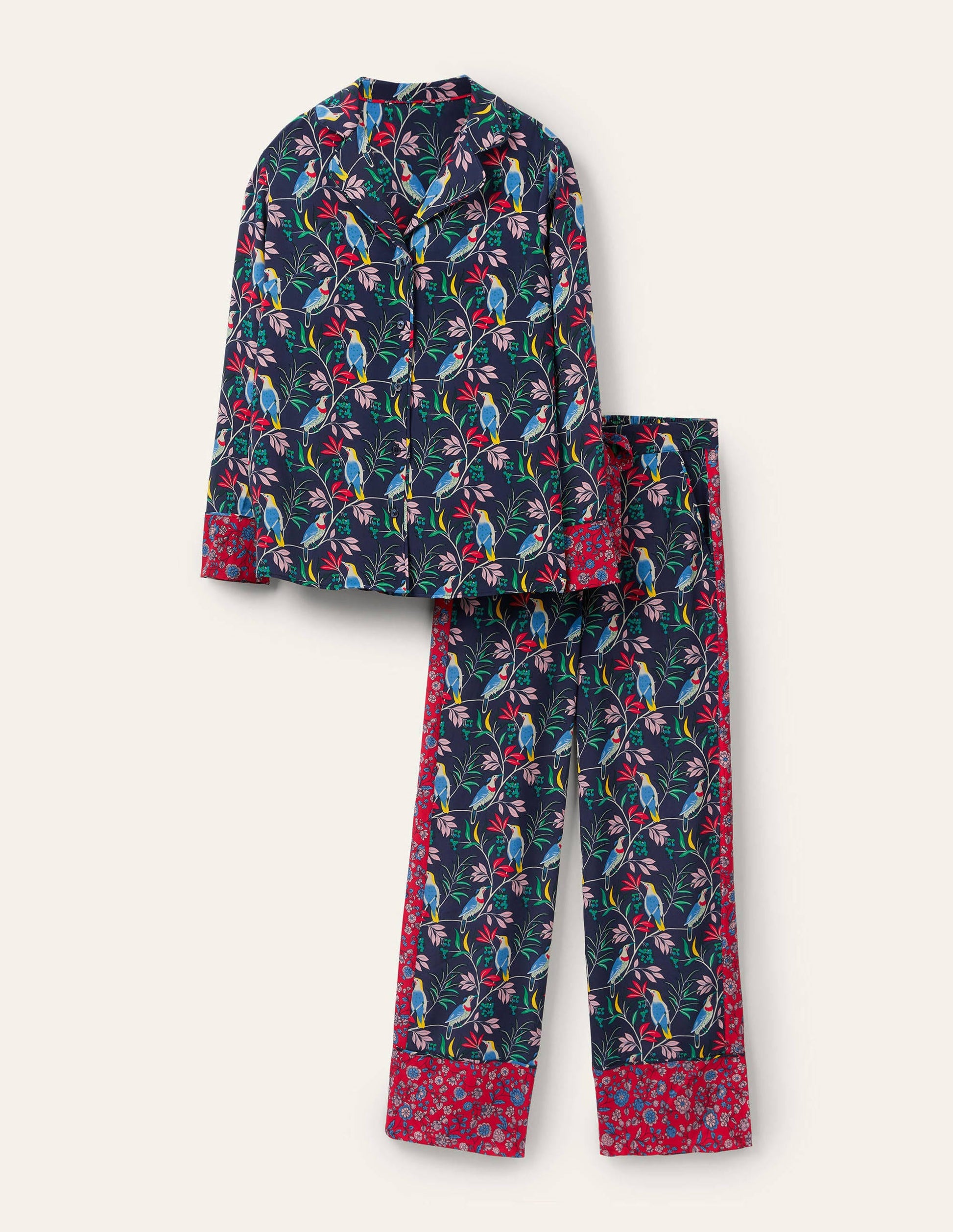 Pyjama en soie-Bleu marine, oiseau baie-5