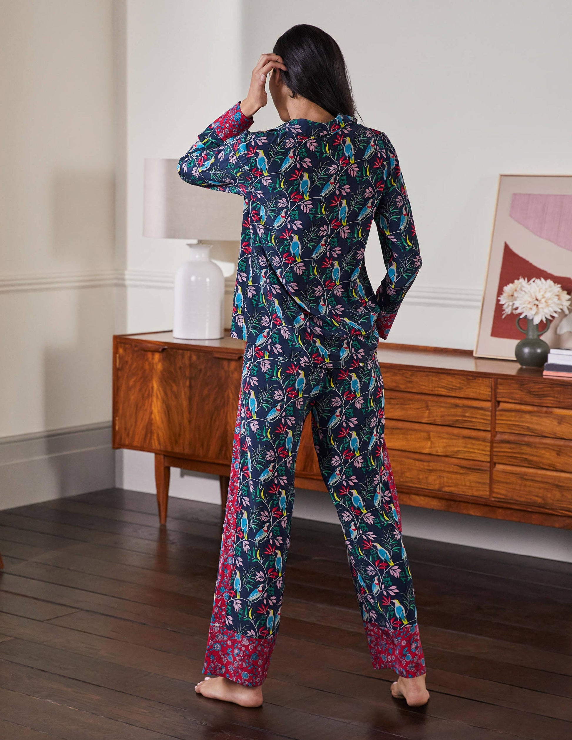 Pyjama en soie-Bleu marine, oiseau baie-2