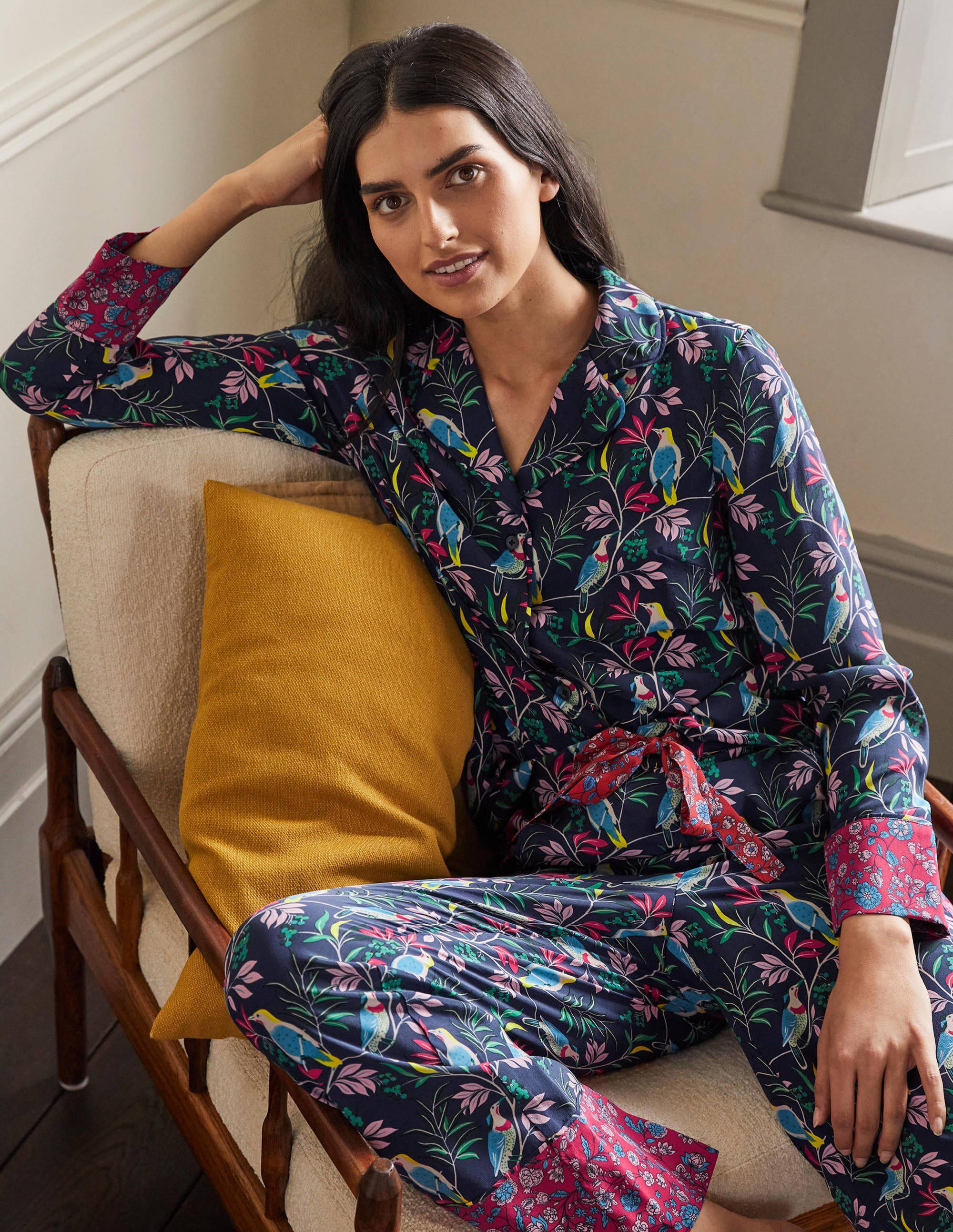 Pyjama en soie-Bleu marine, oiseau baie - Image 3