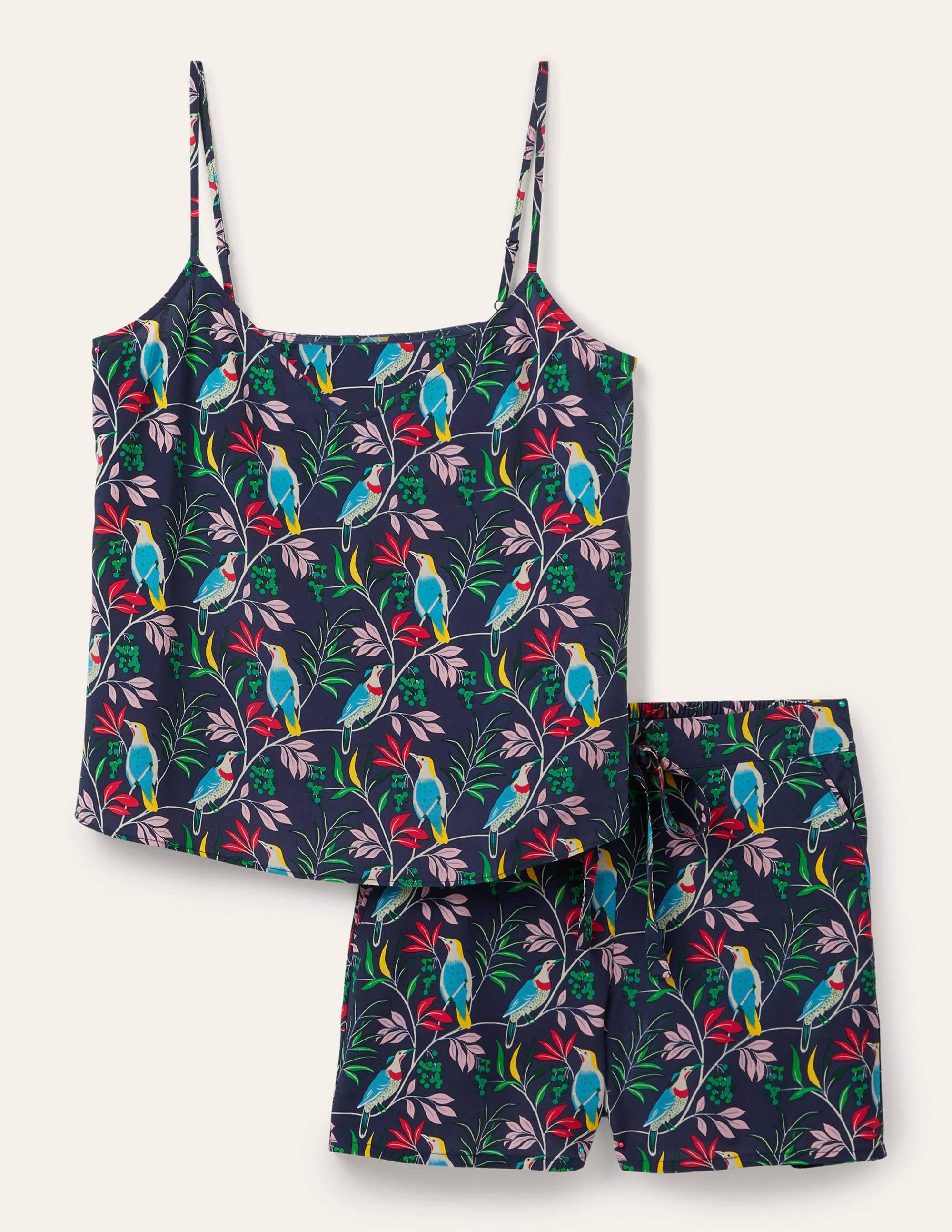 Pyjama avec caraco en soie-Bleu marine, oiseau baie - Image 5