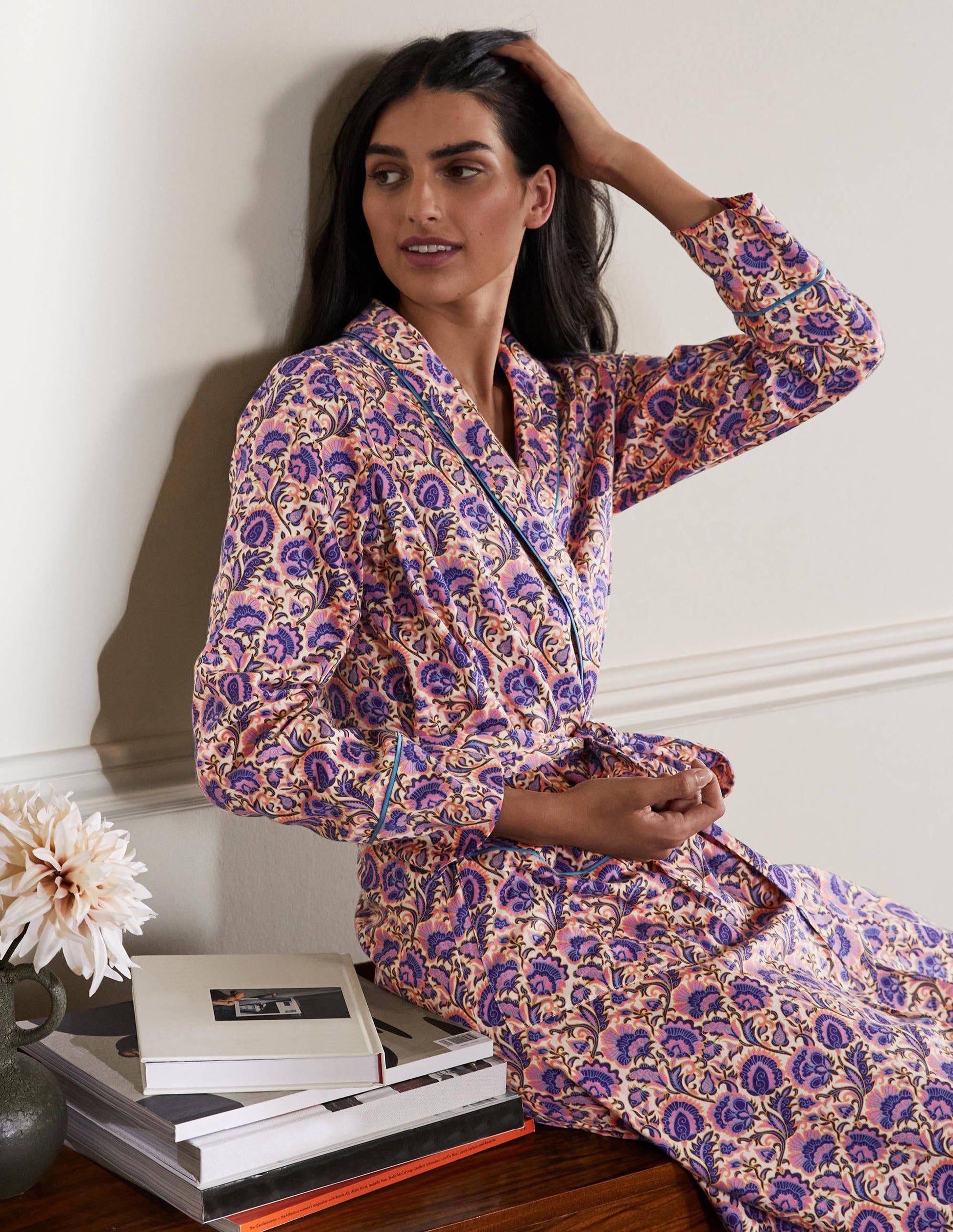 Robe de chambre en coton-Ivoire, motif floral riche-4