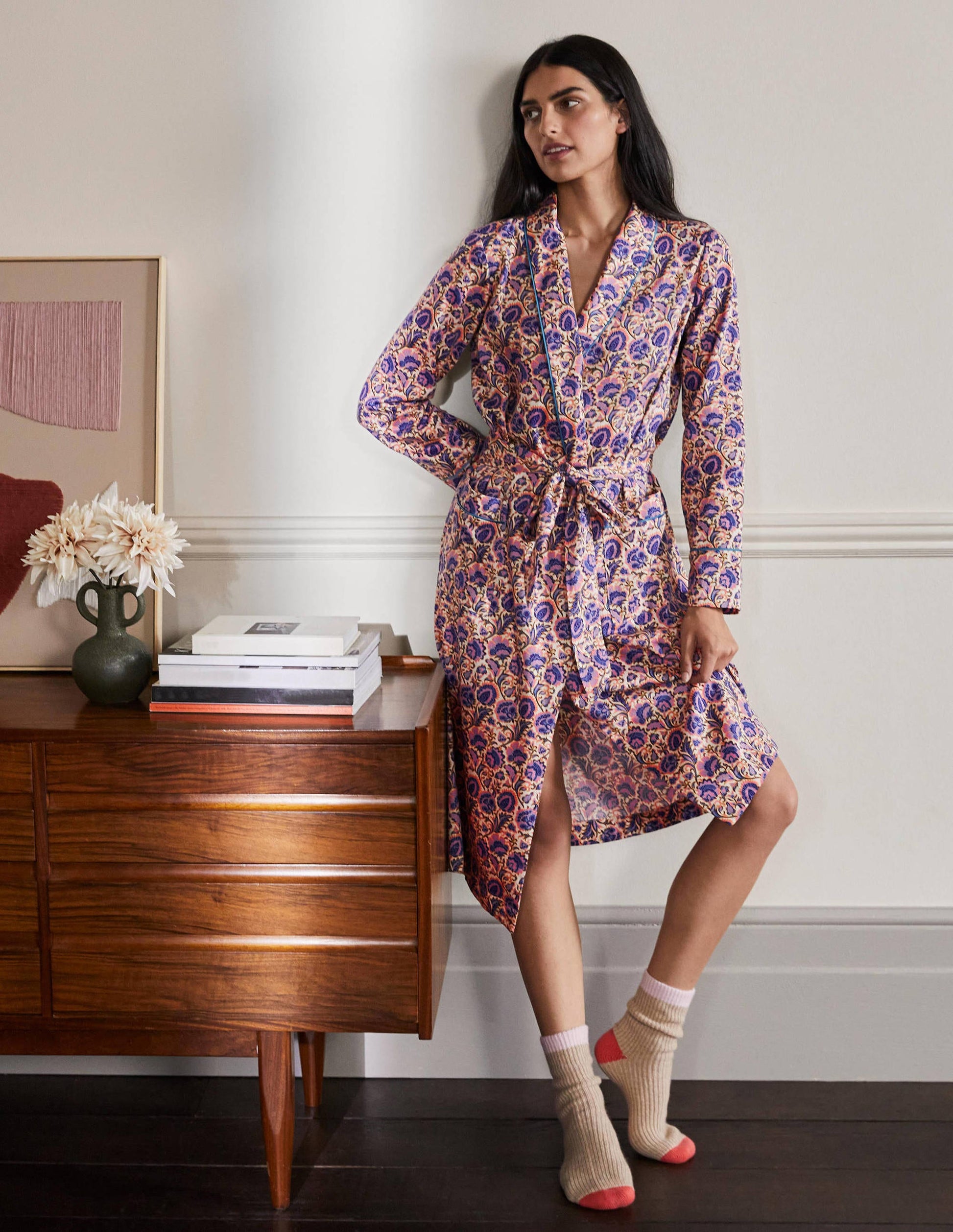 Robe de chambre en coton-Ivoire, motif floral riche-3