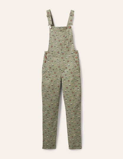 Girlfriend-Latzhose-Blasses Khaki, Filigranes Blumenmuster