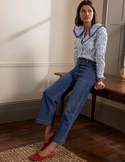 Statement Collar Cotton Shirt-Ivory, Ditsy Daisy-5