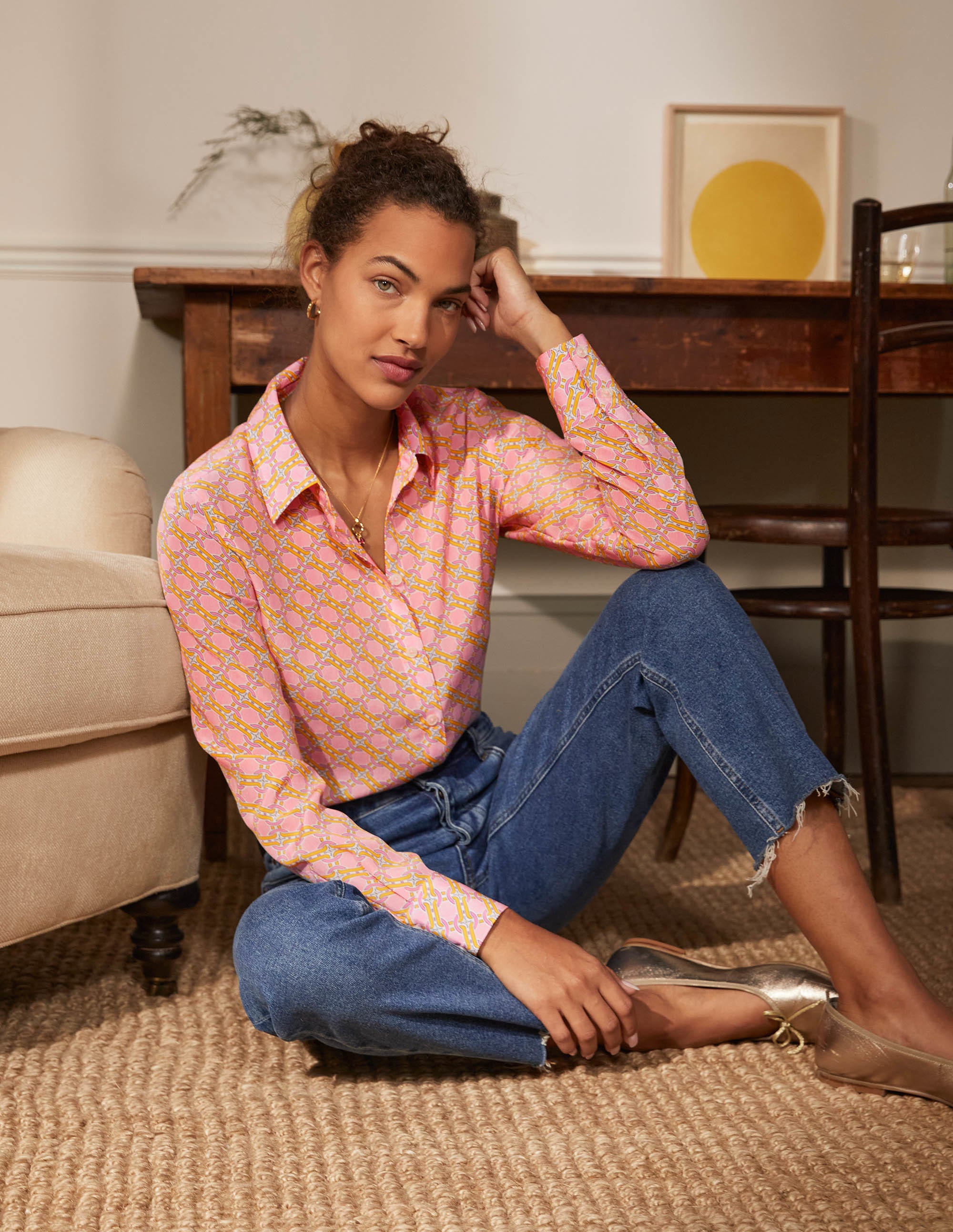 Chemise en soie-Rose nuage crépuscule, motif géométrique chaîne - Image 4