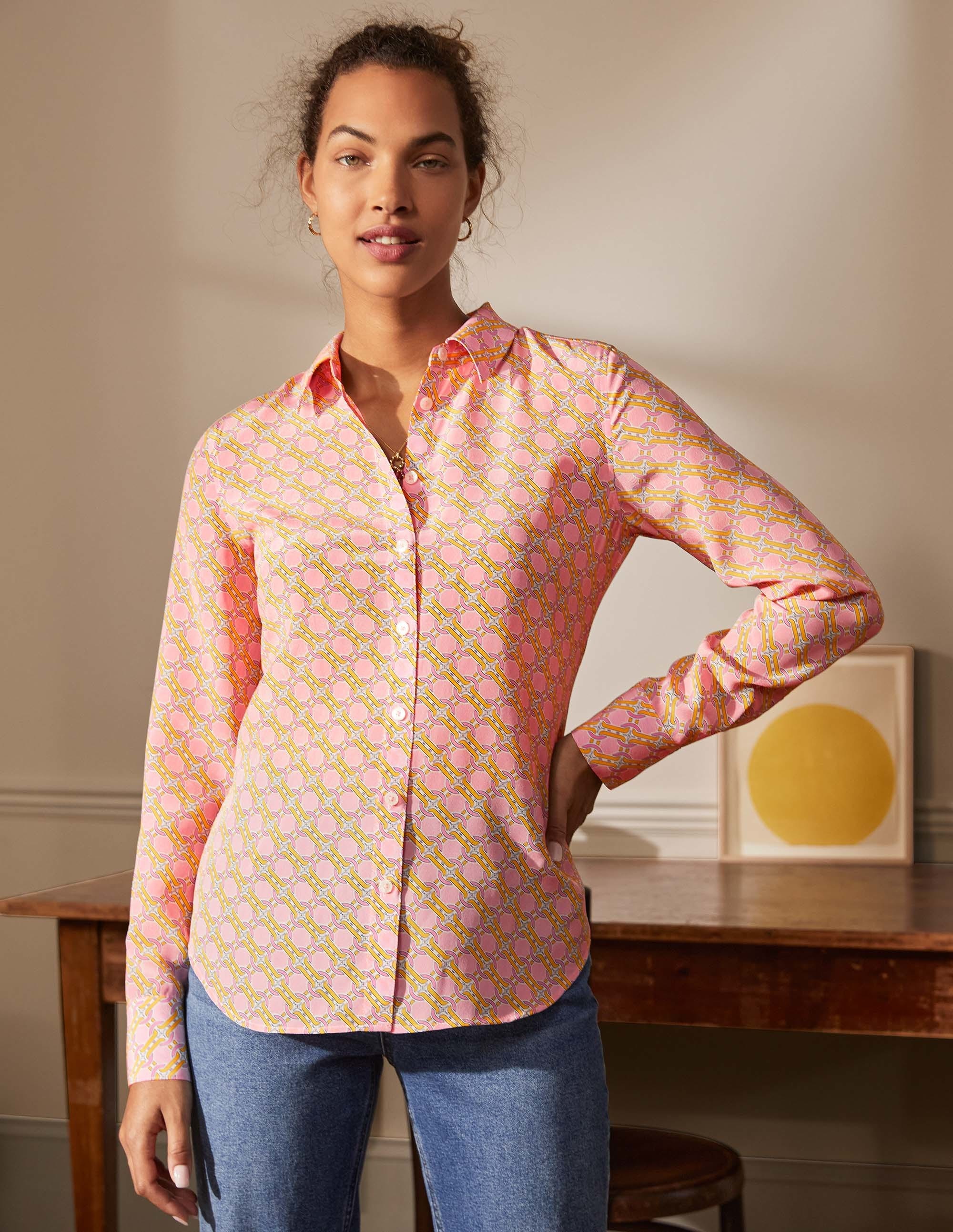 Chemise en soie-Rose nuage crépuscule, motif géométrique chaîne - Image 3
