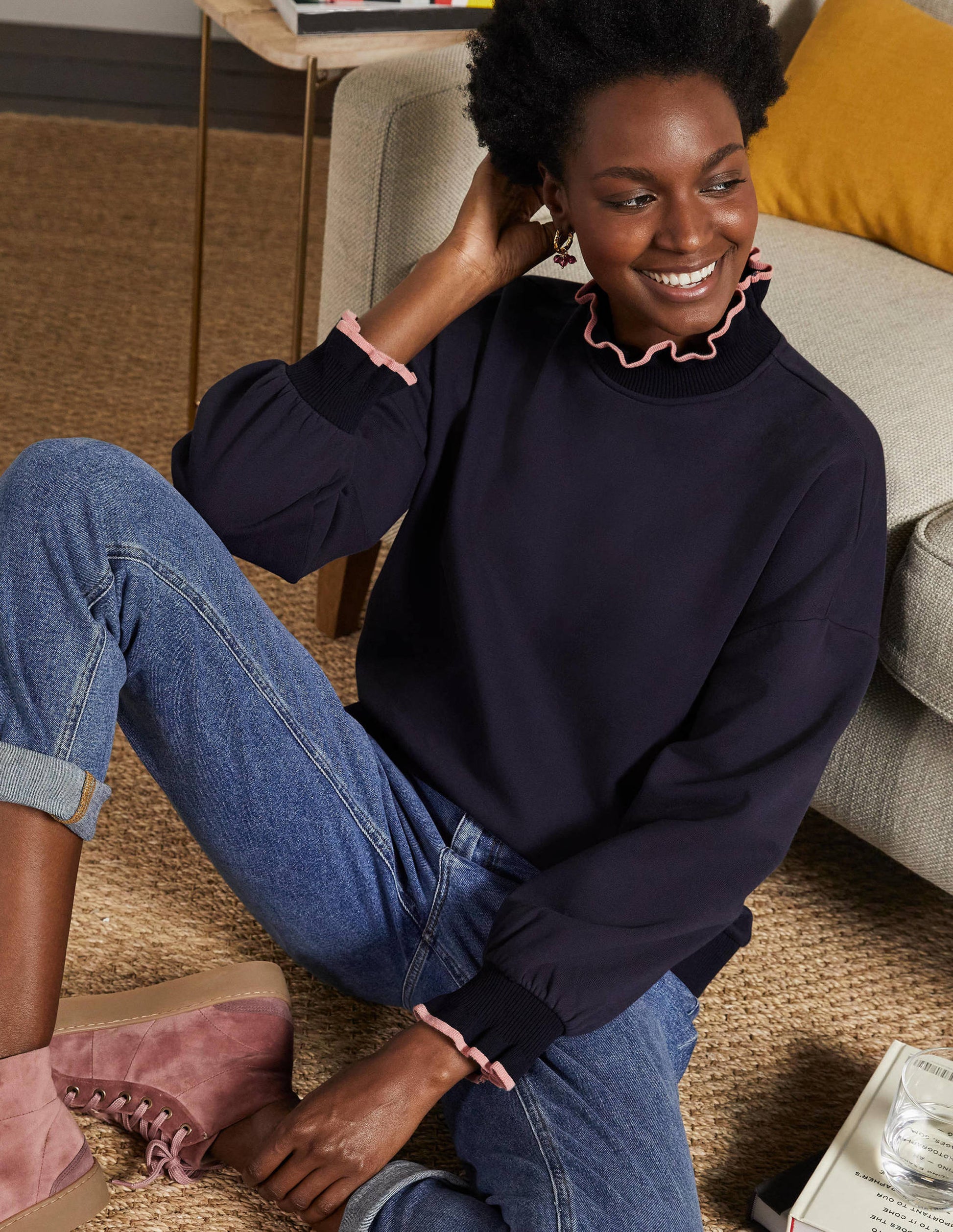 Sweatshirt mit Rüschendetail-Marineblau-4