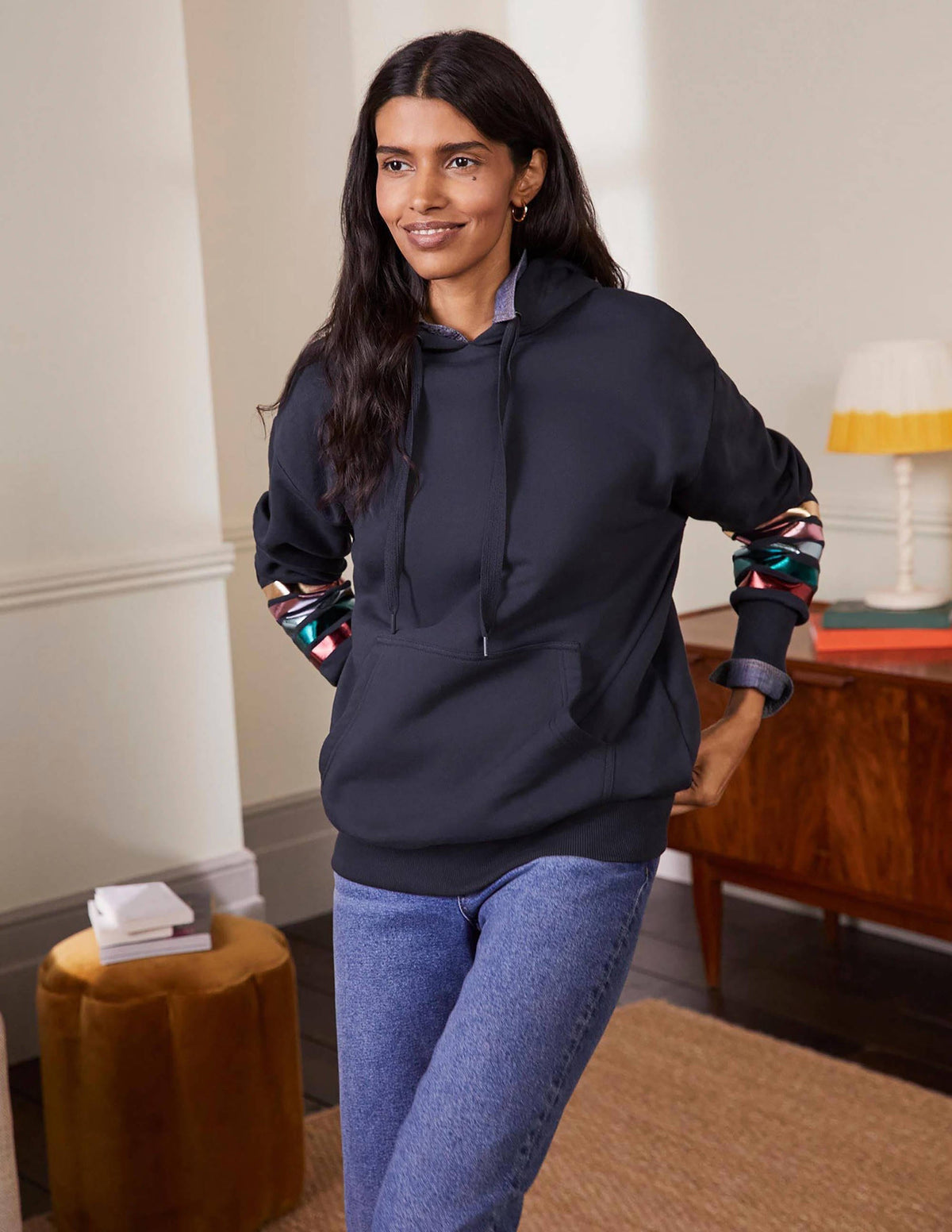 Oversize-Hoodie-Navy/Regenbogenfolie, Bündchen-5