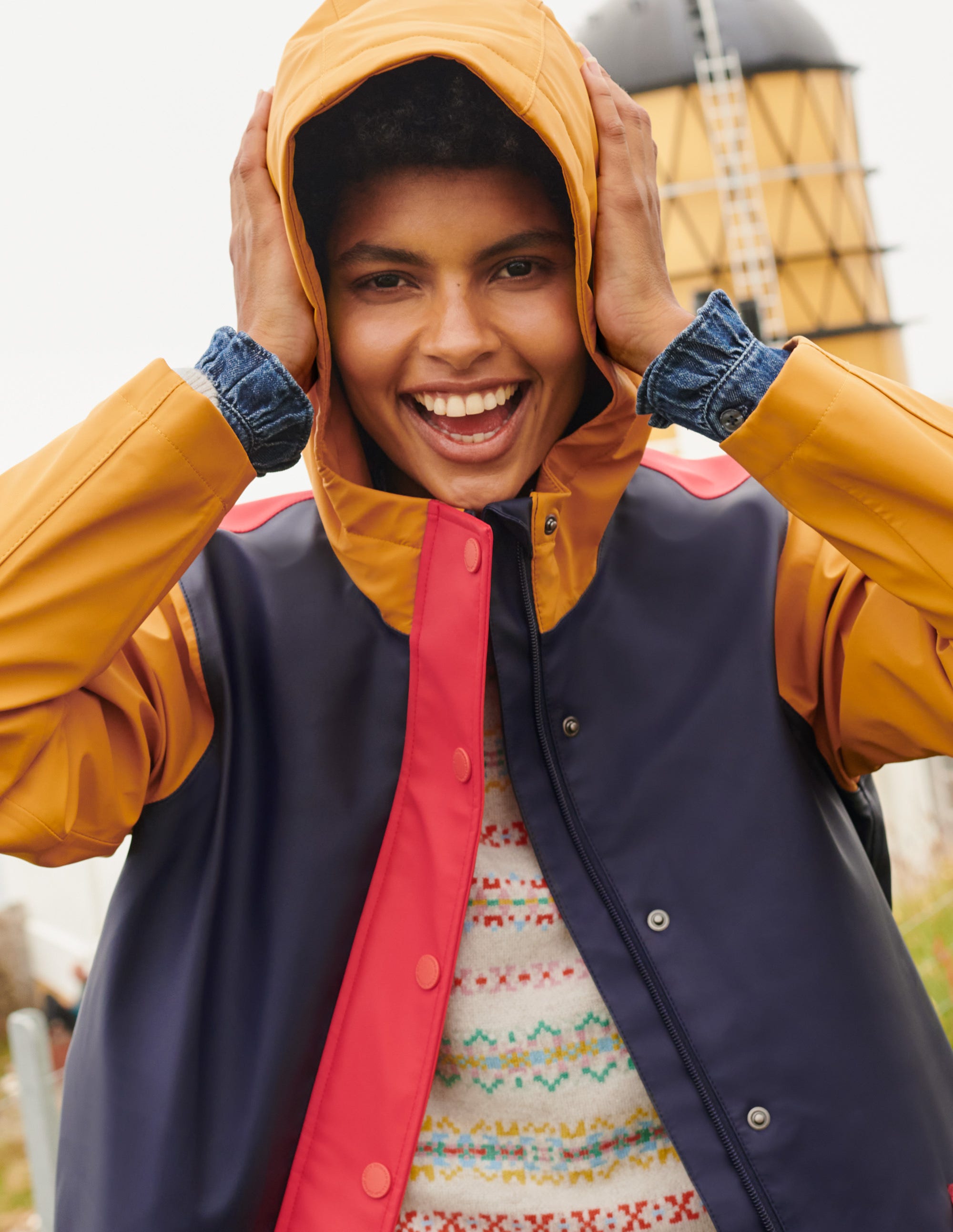 Morris Waterproof Mac-Navy and Ochre Colourblock - Image 5