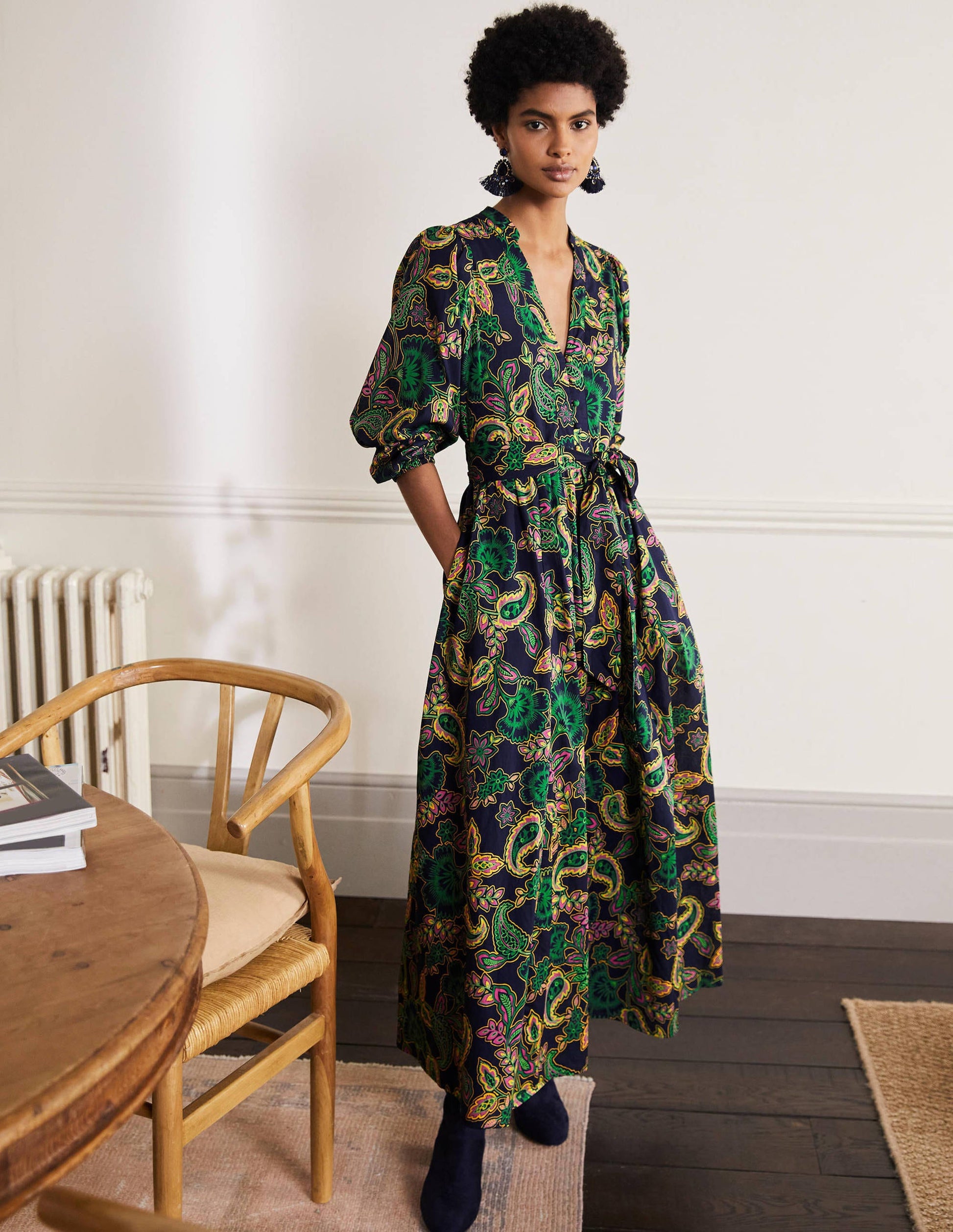 Notch Neck Cotton Maxi Dress-Navy, Exotic Floral-4