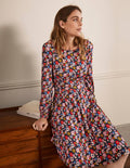 Robe midi Evelyn en jersey-Bleu marine foncé, motif Elegant Bloom