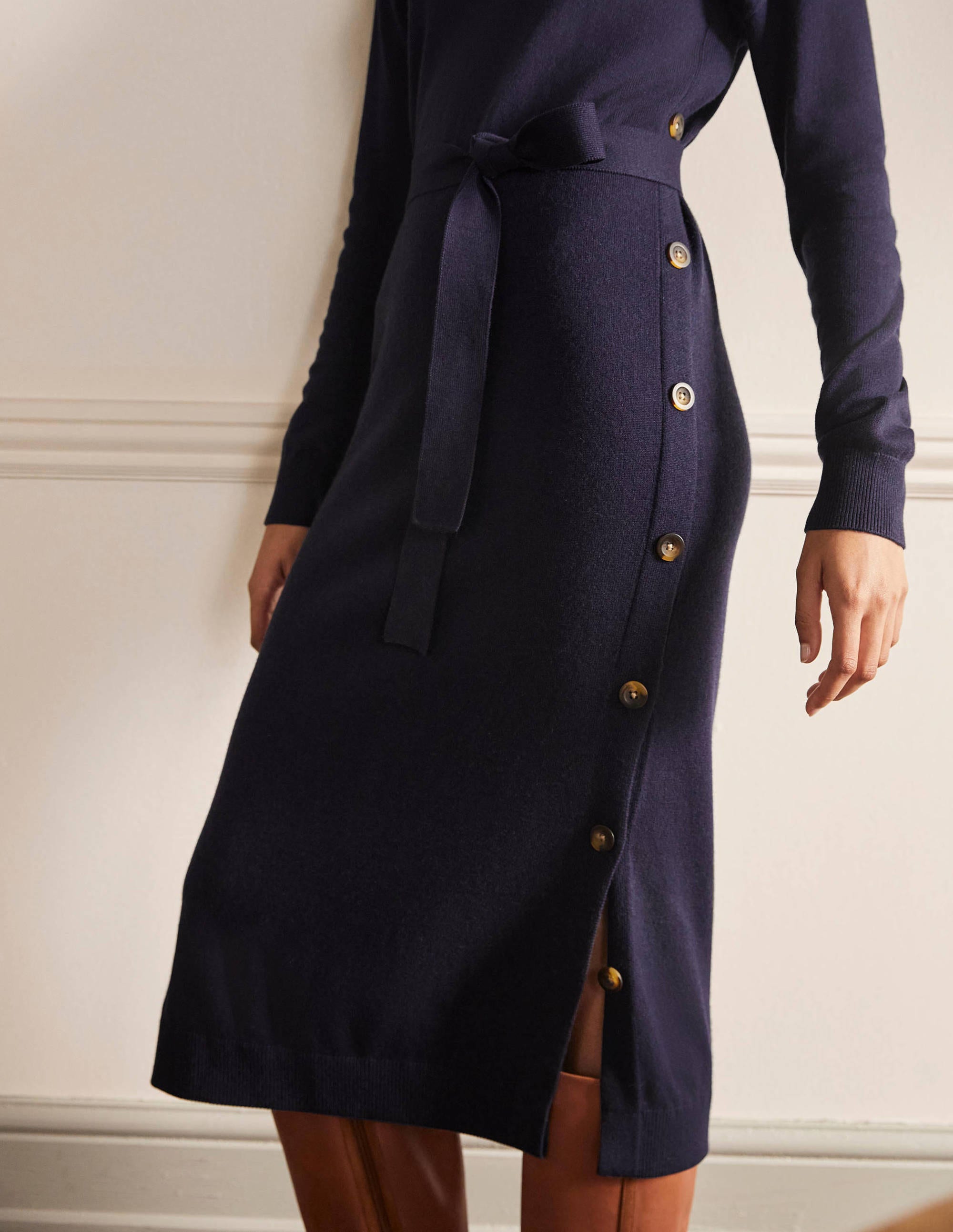 Robe boutonnée sur le côté en maille-Bleu marine - Image 2