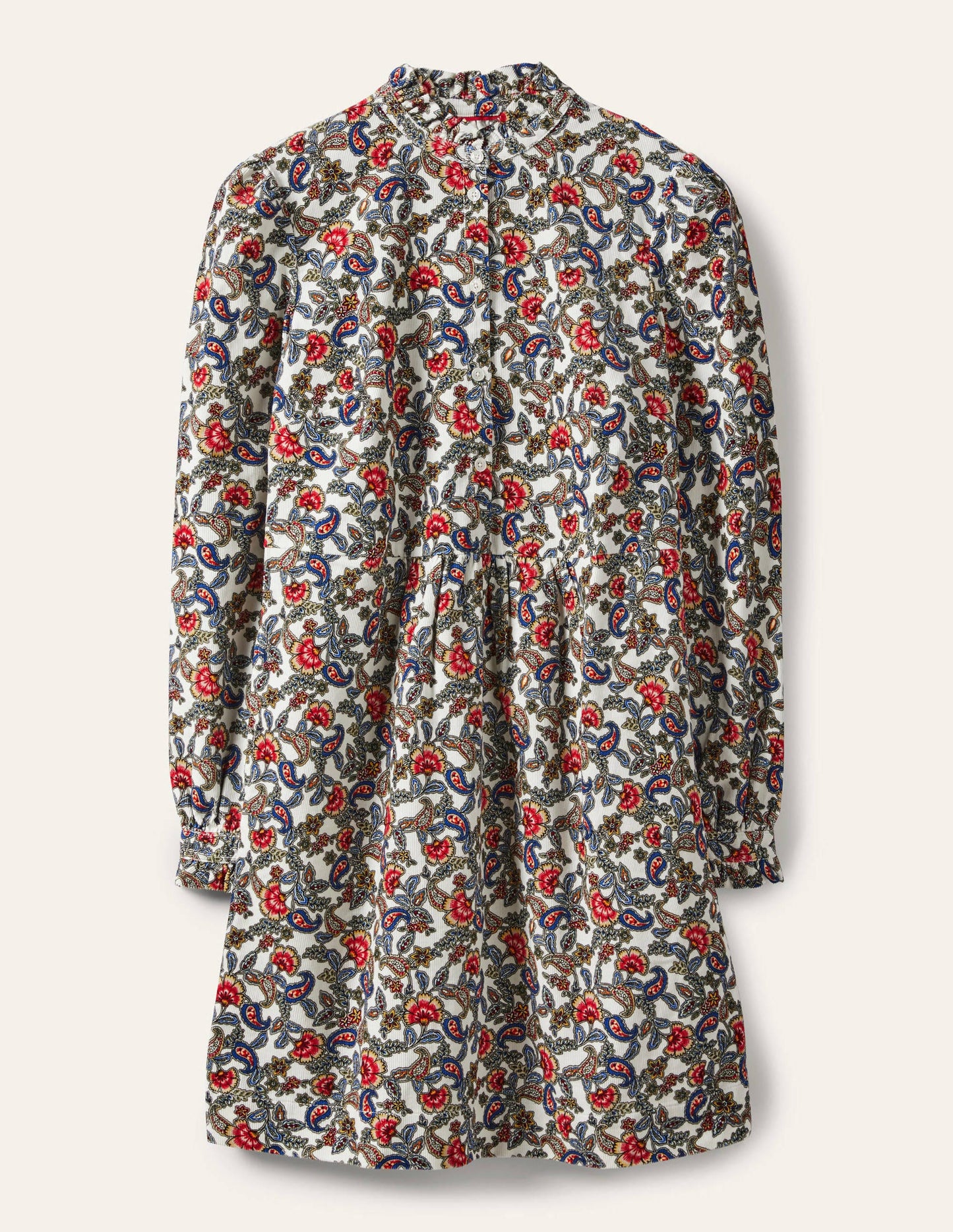 Robe à col volanté en velours côtelé-Ivoire, motif floral exotique