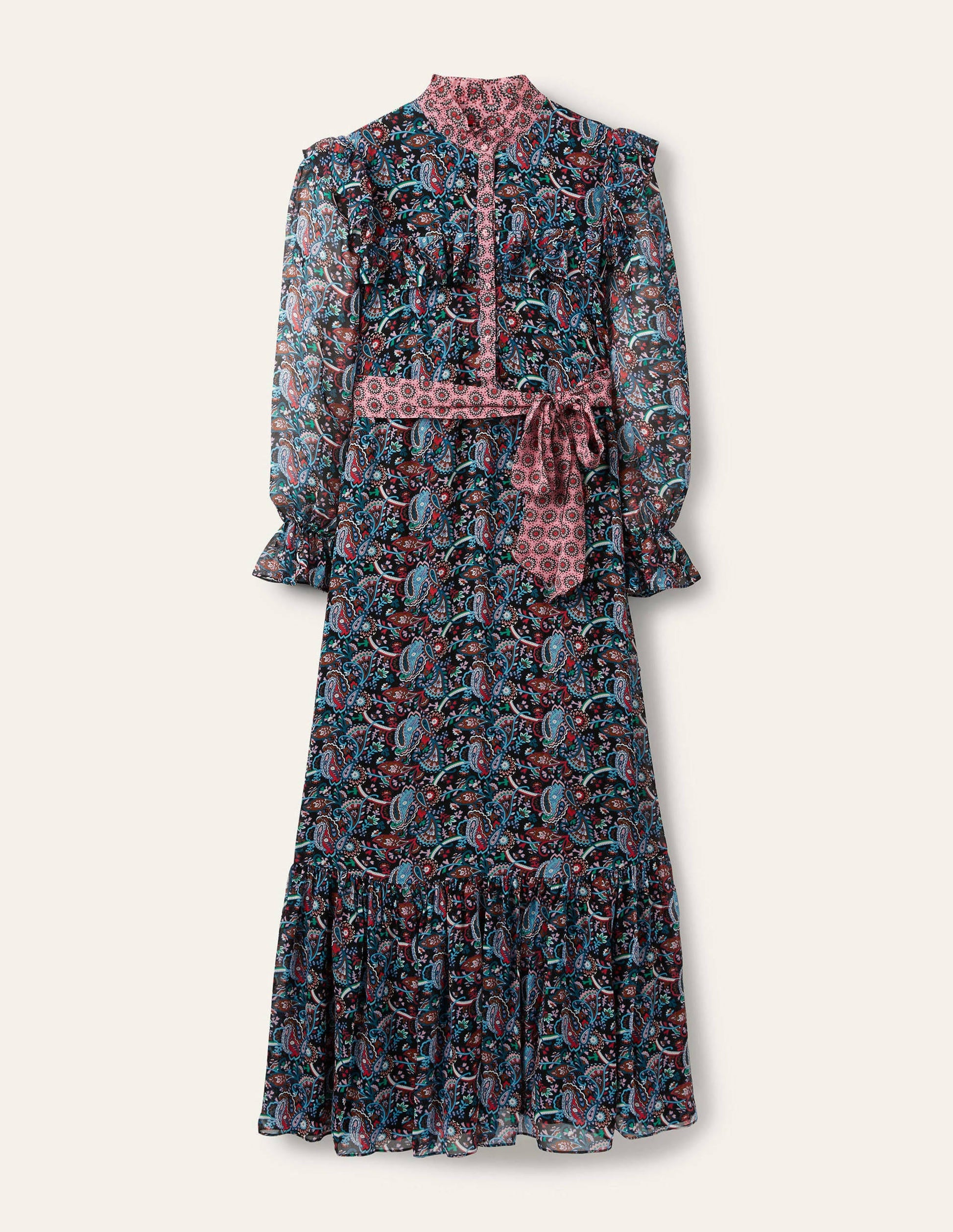 Maxikleid mit Rüschenstufen-Schwarz/Rot, Fantasiemuster-5