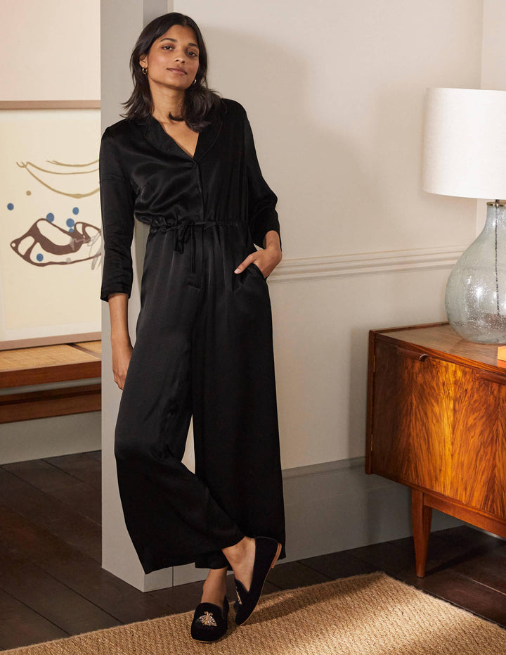 Collar Detail Cropped Jumpsuit-Black