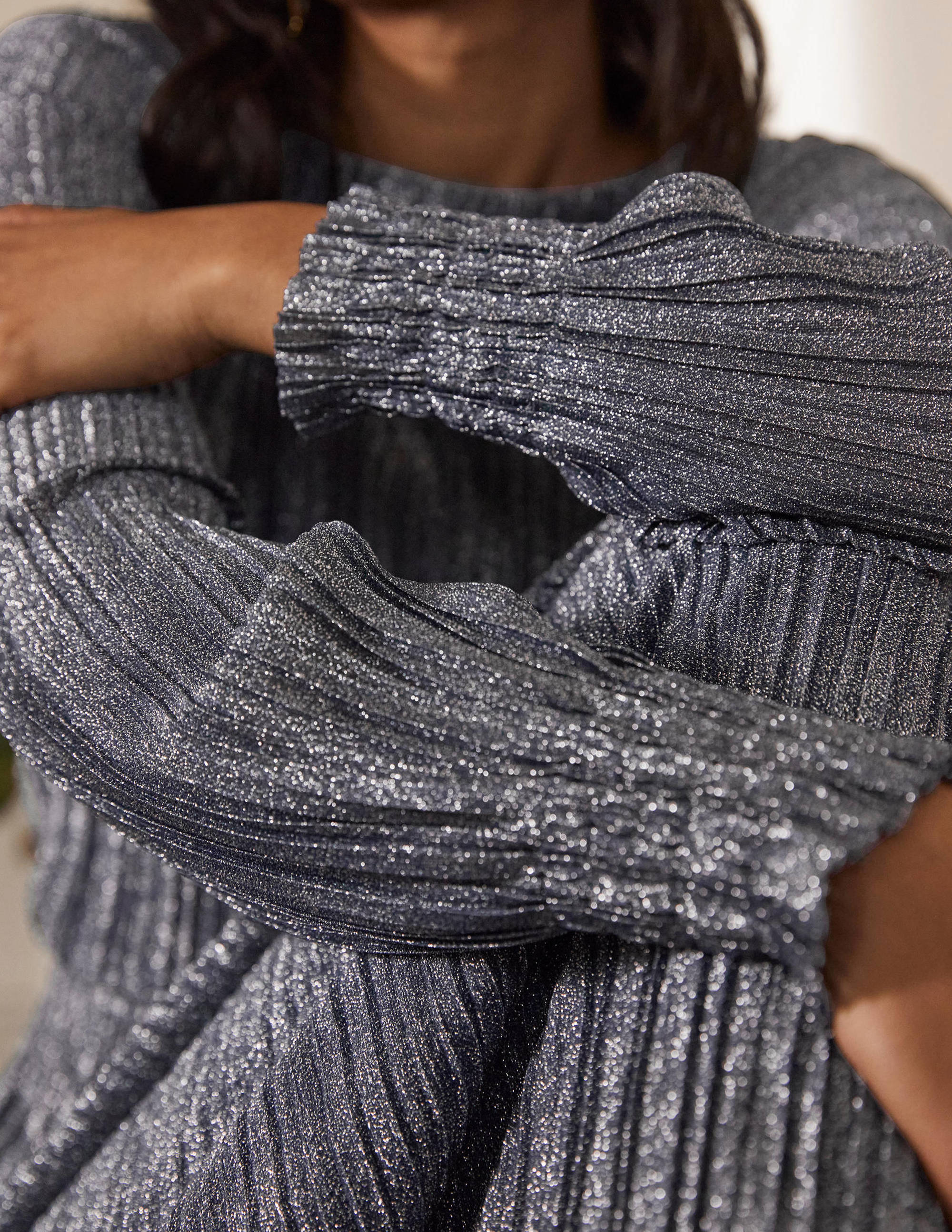 Robe longue plissée et métallisée-Gris acier métallisé - Image 2