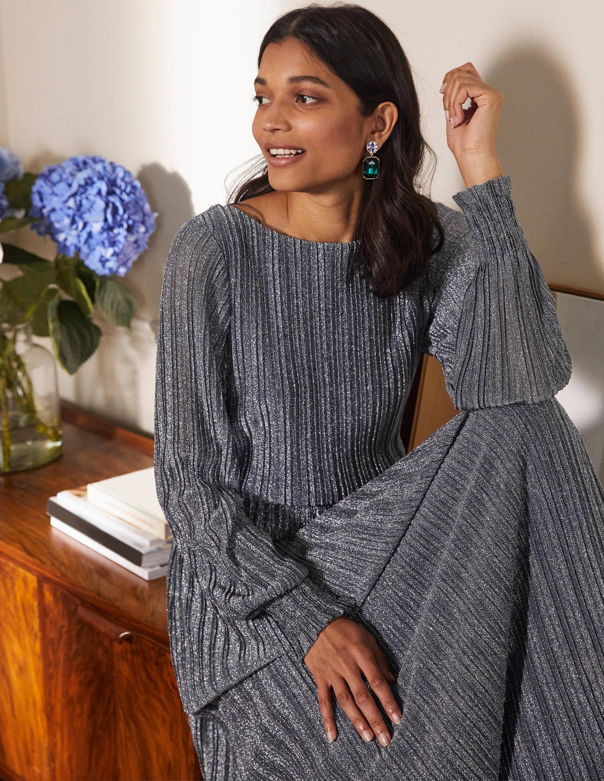 Robe longue plissée et métallisée-Gris acier métallisé-4