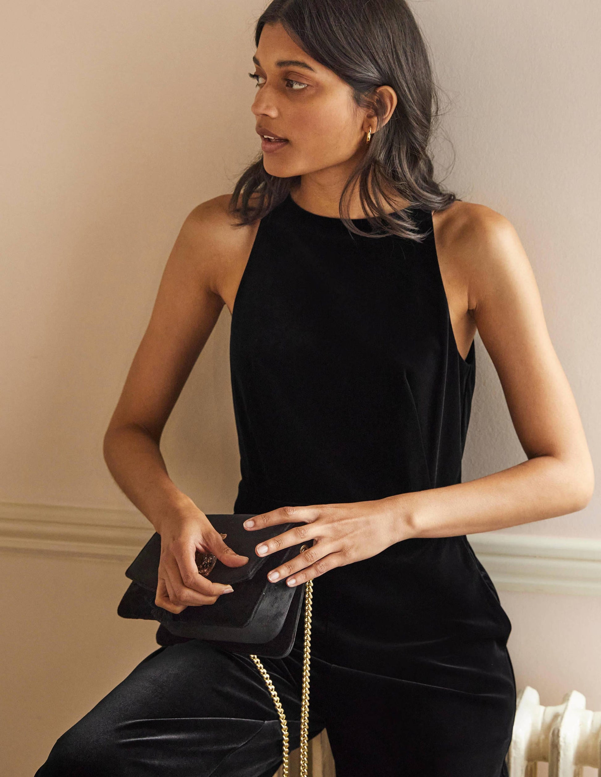 Neckholder-Jumpsuit aus Samt-Schwarz-4