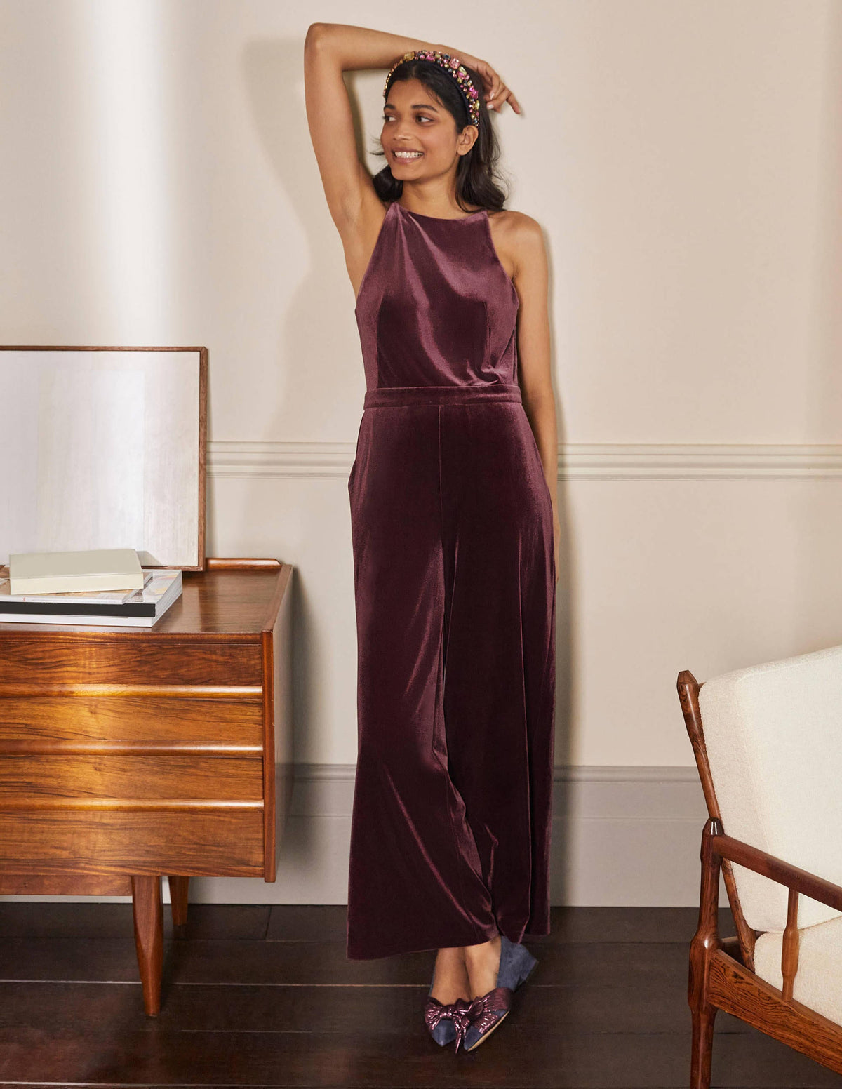 Neckholder-Jumpsuit aus Samt-Dunkelviolett-1