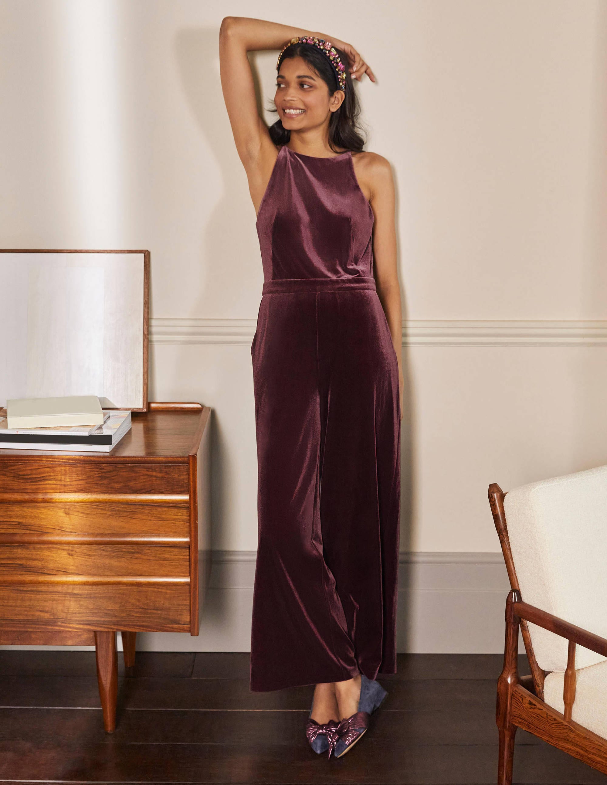 Neckholder-Jumpsuit aus Samt-Dunkelviolett - Image 1