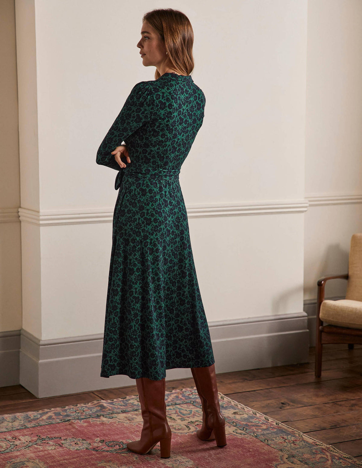 Jersey-Midikleid mit Kragen-Waldgrün, Elegante Blüten - Image 3
