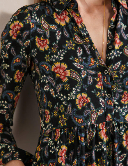 Alma Hemdblusenkleid aus Jersey-Schwarz, Exotisches Blumenmuster