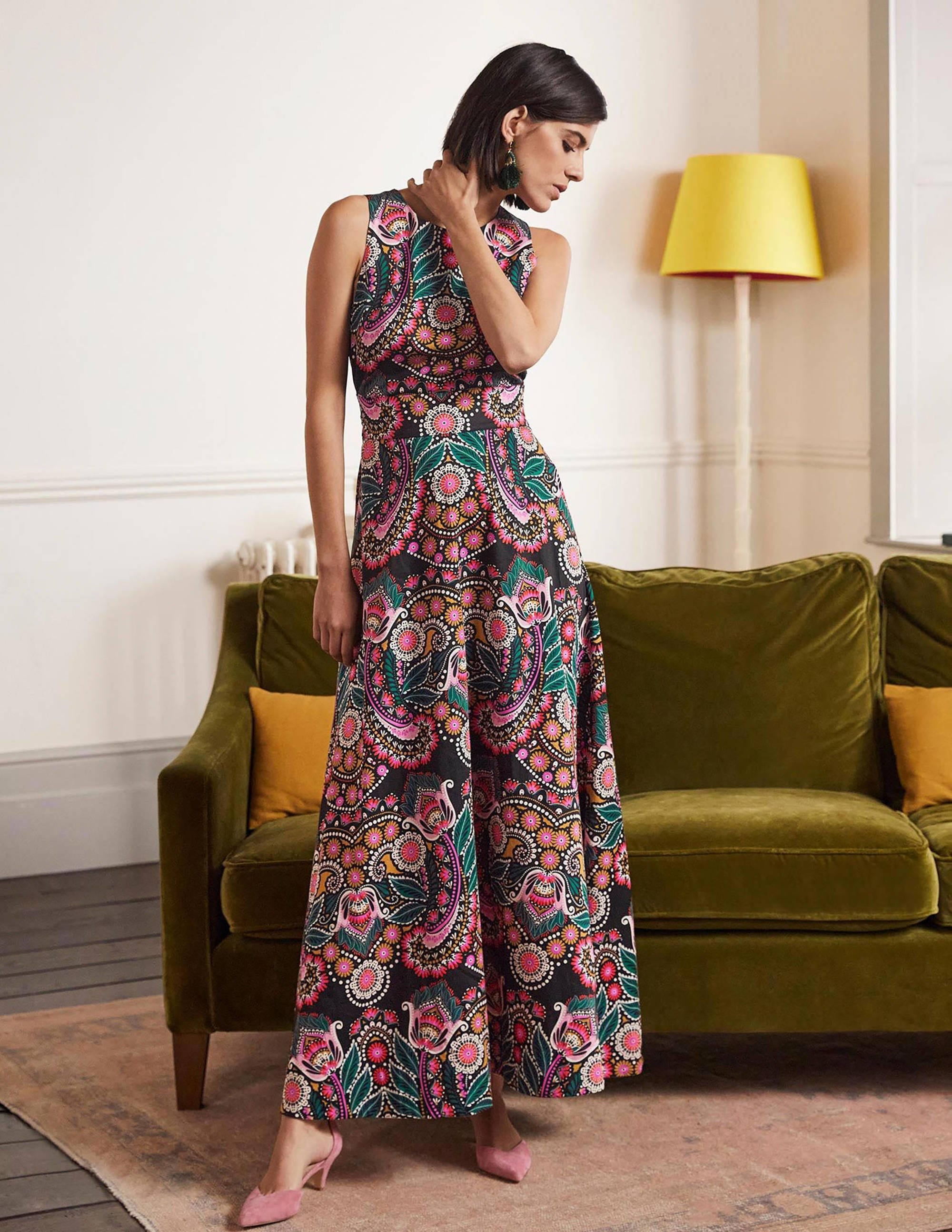 Robe longue ornée dans le dos-Noir, motif Daisy Paisley - Image 1