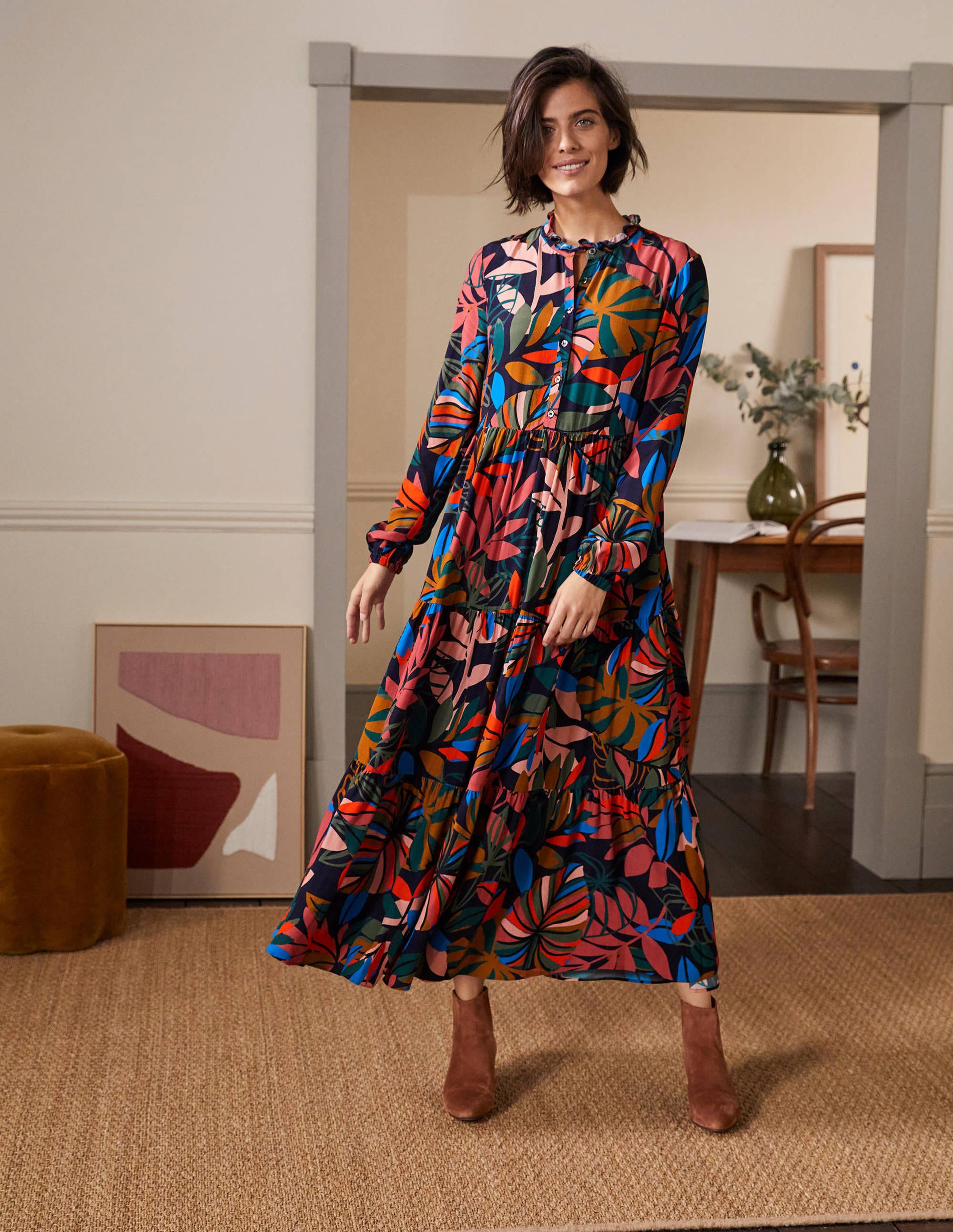 Maxi-Hemdblusenkleid mit Stufen-Französisches Navy, Tropische Palmen - Image 1