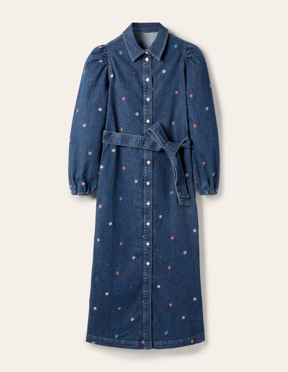 Gerade geschnittenes Kleid mit Puffärmeln-Mittleres Vintageblau, Denim/Blumenmuster-5
