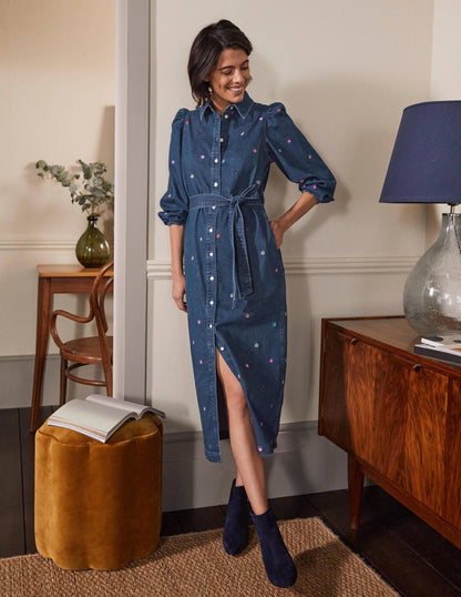 Gerade geschnittenes Kleid mit Puffärmeln-Mittleres Vintageblau, Denim/Blumenmuster-1