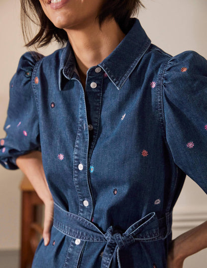 Gerade geschnittenes Kleid mit Puffärmeln-Mittleres Vintageblau, Denim/Blumenmuster-2