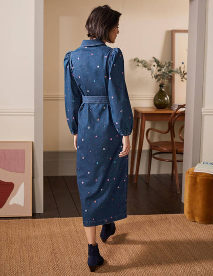 Gerade geschnittenes Kleid mit Puffärmeln-Mittleres Vintageblau, Denim/Blumenmuster-3