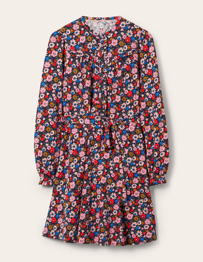 Minikleid mit Knopfleiste und Rüschen-Französisches Navy, Elegante Blüten
