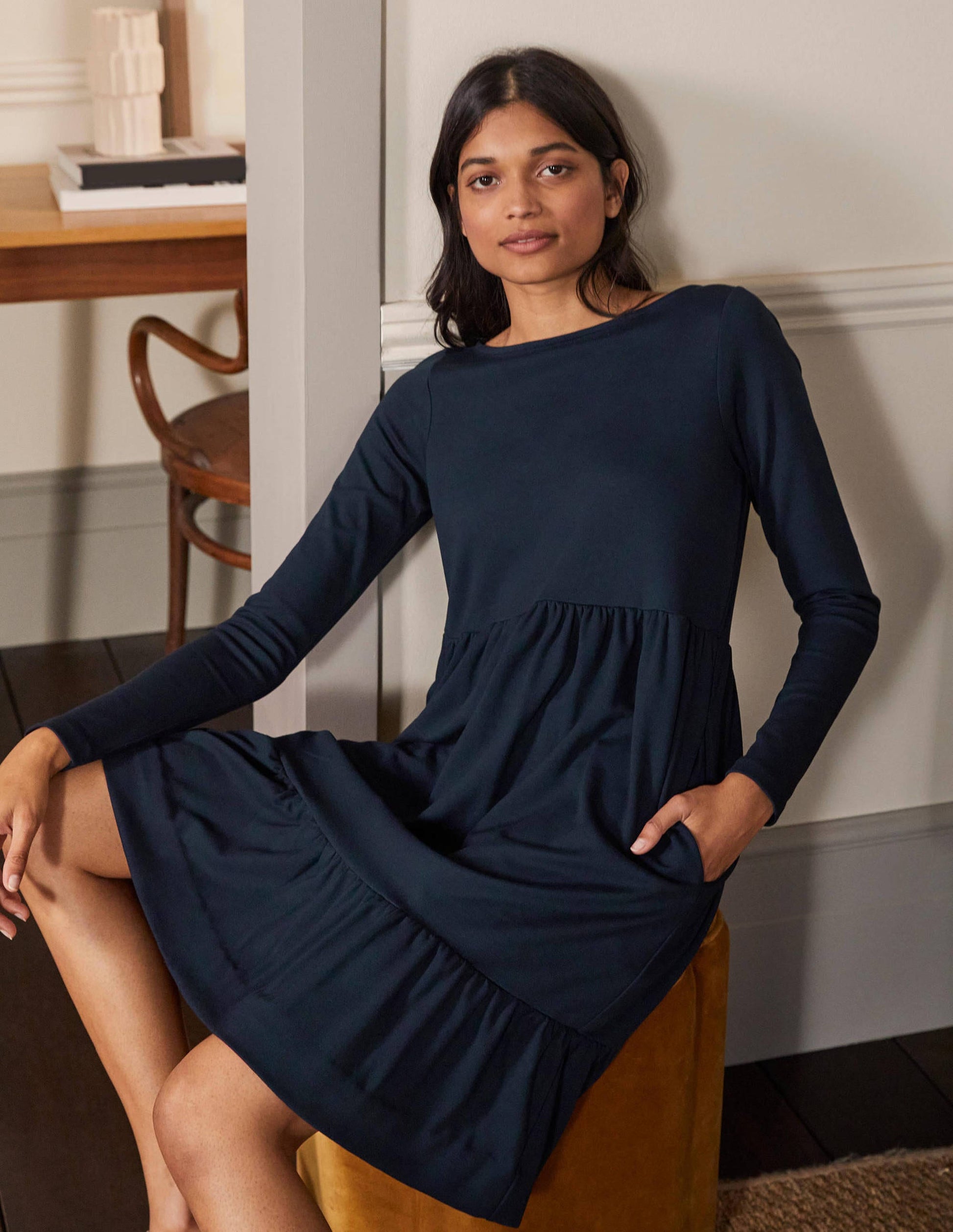 Robe volantée en point de Rome-Bleu marine-4