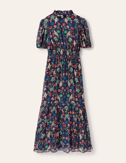 Stufenkleid mit Puffärmeln-Navy/Beere, Vogel