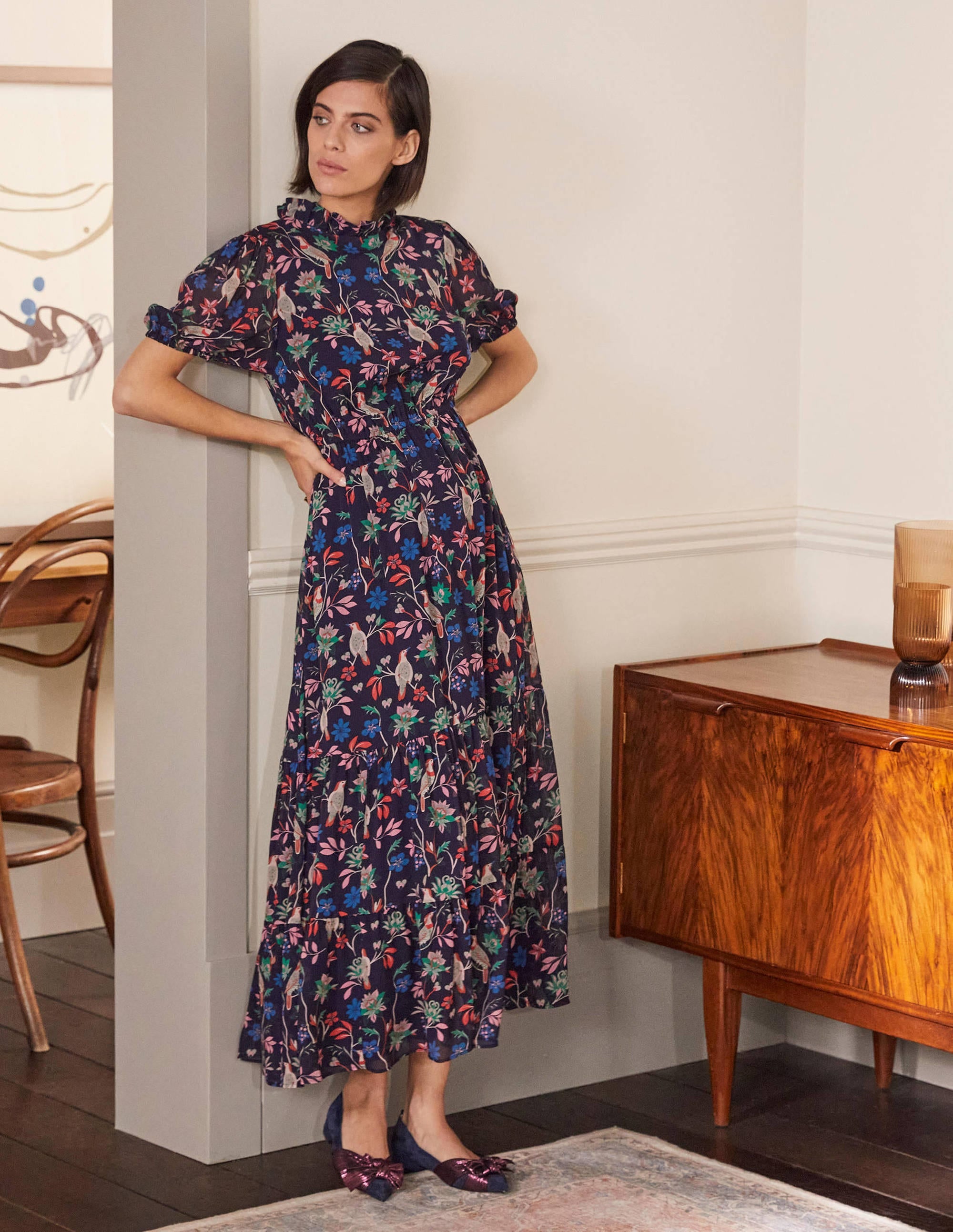 Stufenkleid mit Puffärmeln-Navy/Beere, Vogel - Image 1