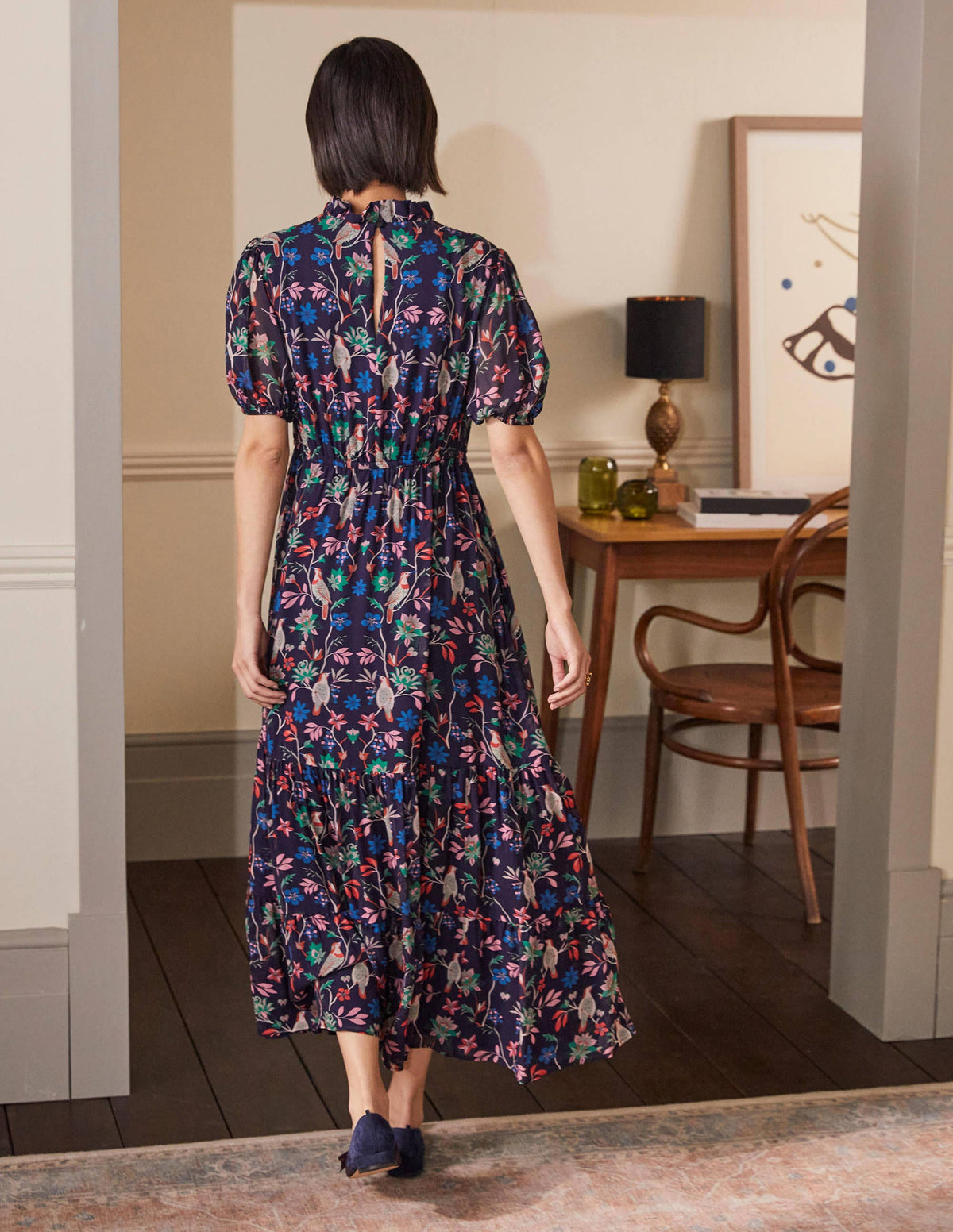 Stufenkleid mit Puffärmeln-Navy/Beere, Vogel - Image 3