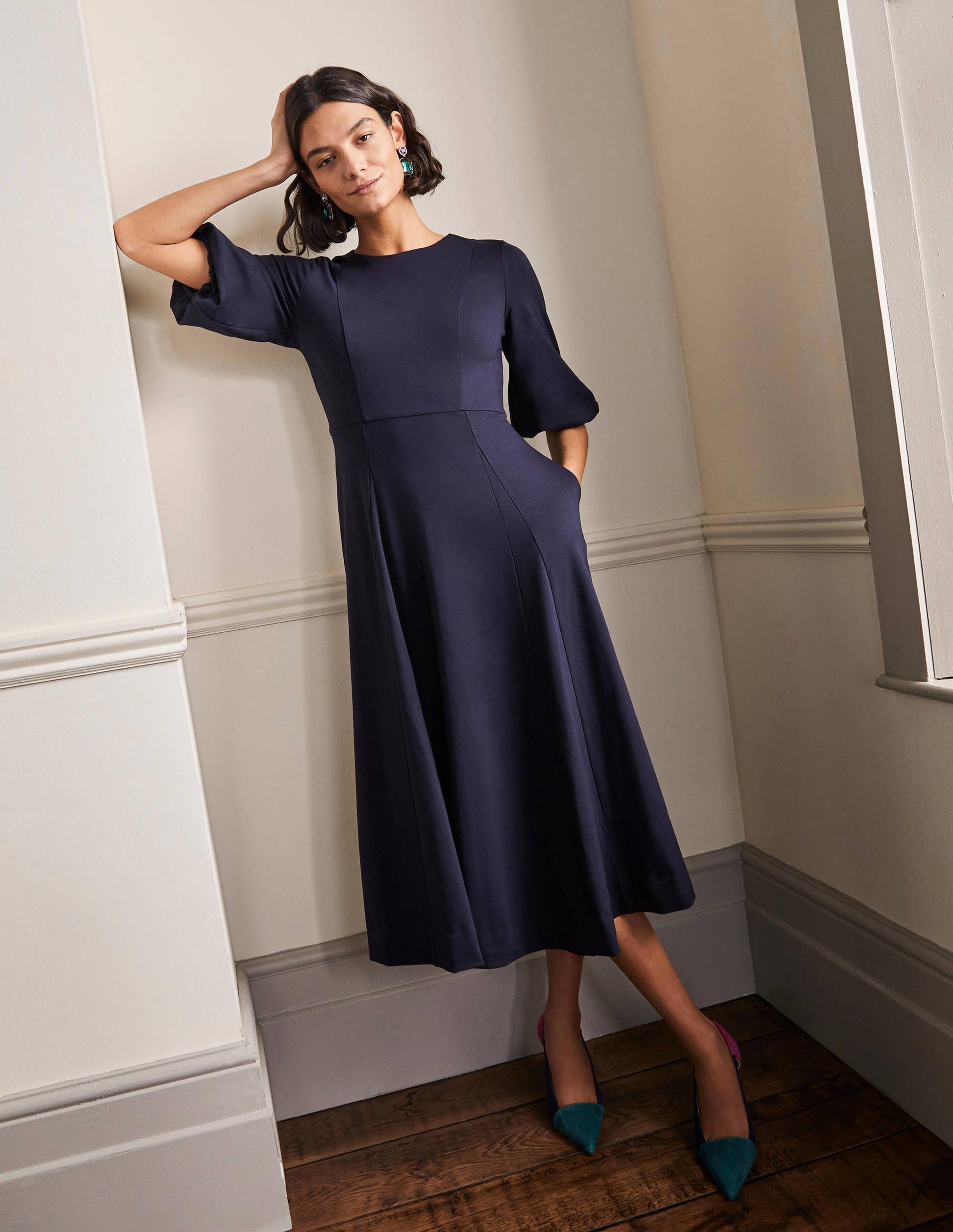 Ponte-Midikleid mit Tellerrock-Marineblau-4